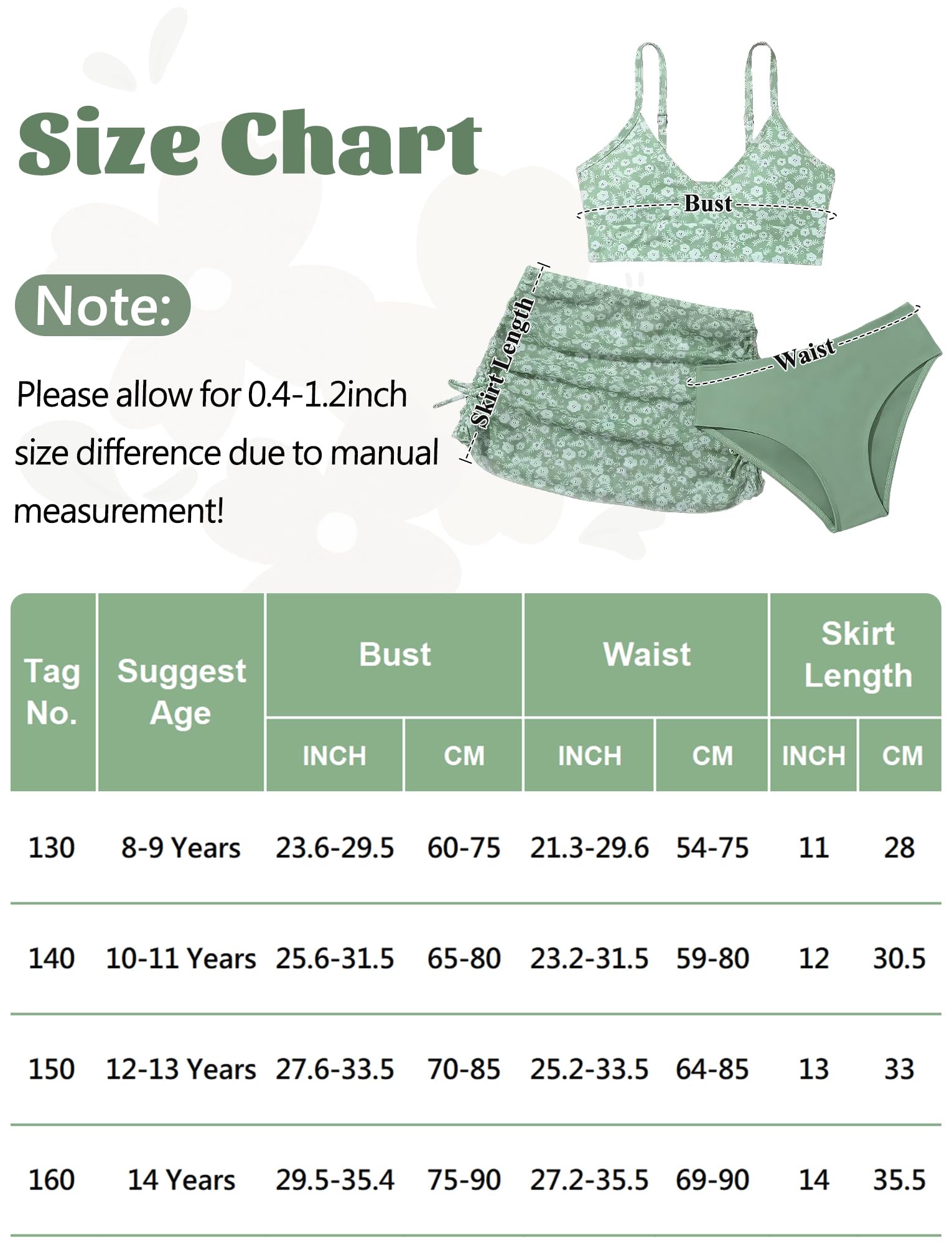 Maeau Maillot de Bain Trois Pièces Fille, Ensemble de Plage Imprimée Enfant, Bikini Haut+Bikini Short+Jupe Couverte, Costume de Bain et Plage, 8-14 Ans/130-160cm