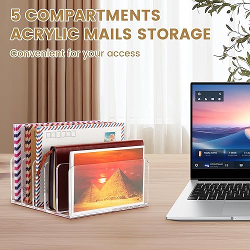 Miniatura 5 de Organizador de correo para encimera, elegante soporte de acrílico con 5 compartimentos, soporte de almacenamiento de archivos de escritorio pequeño