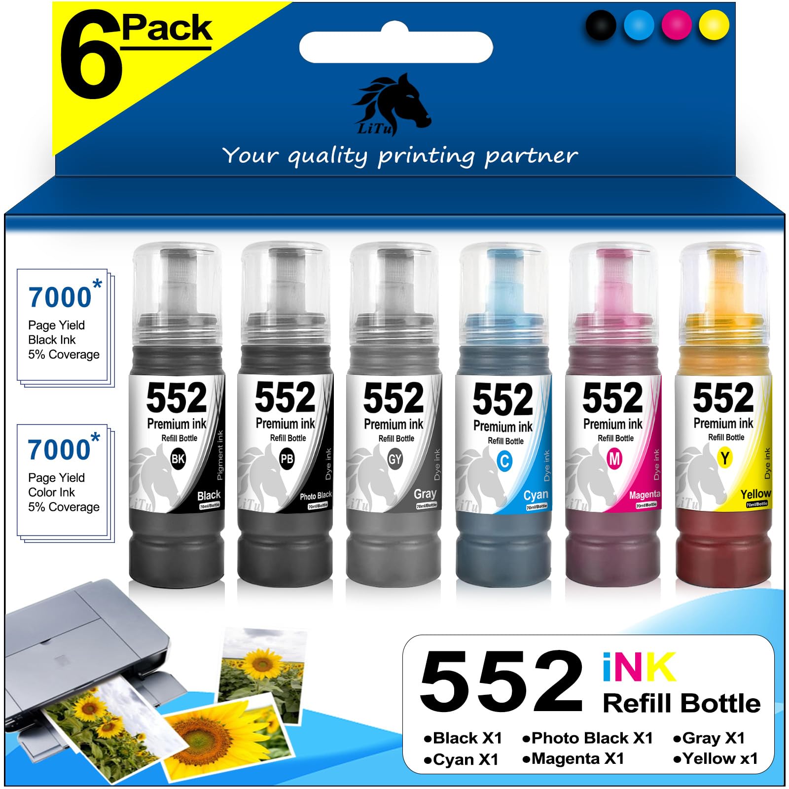 LiTuhorse T552 552 Ink Refill Bottles T552920 Replacement for 8550 ET-8550 8500 ET-8500 Printer (Black, Photo Black, Cyan, Magenta, Yellow, Gray, 6-