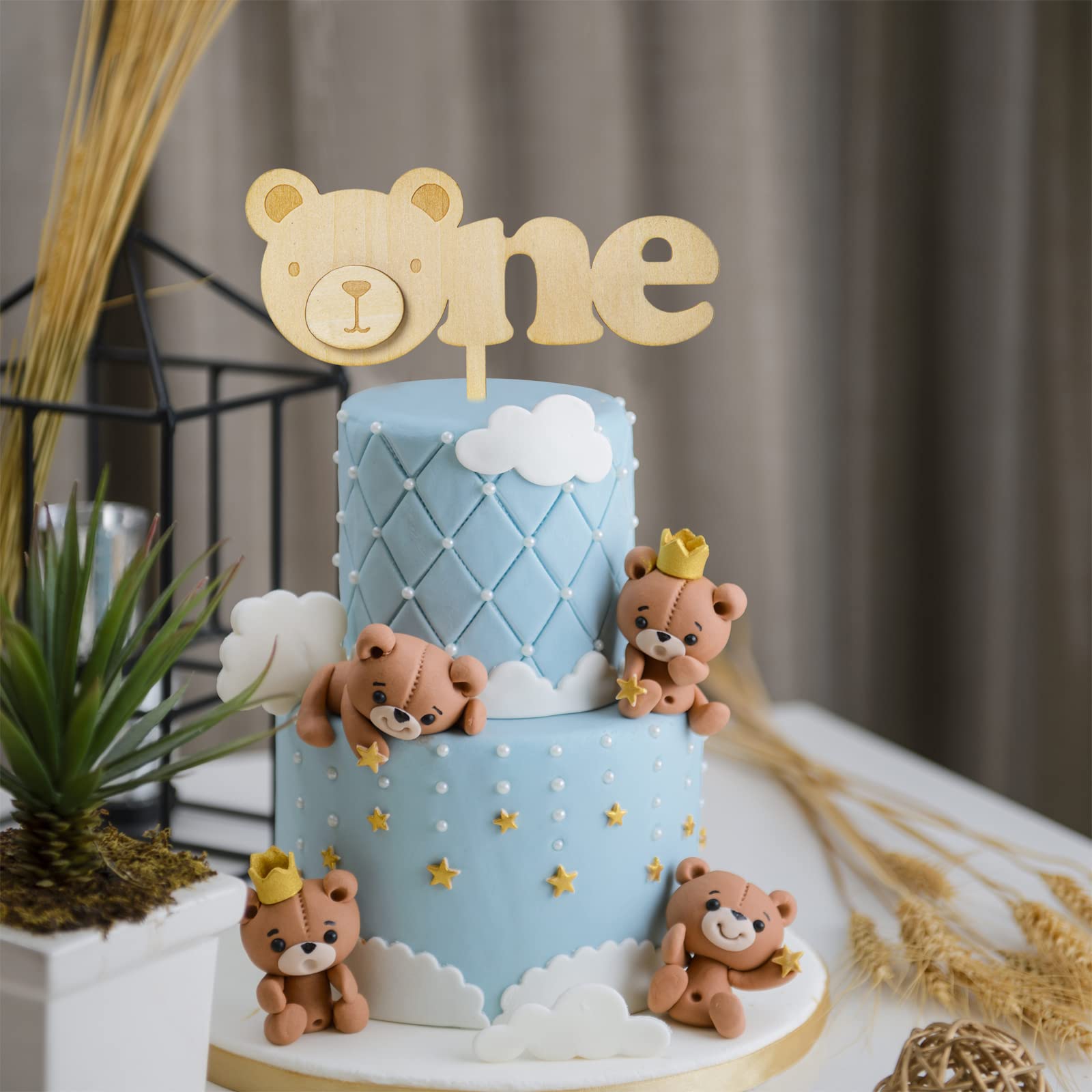 Woodland Bear 'One' Cake Topper - Wooden First Birthday Decoration For Boys & Girls, Animal Theme Party Supplies - View #2