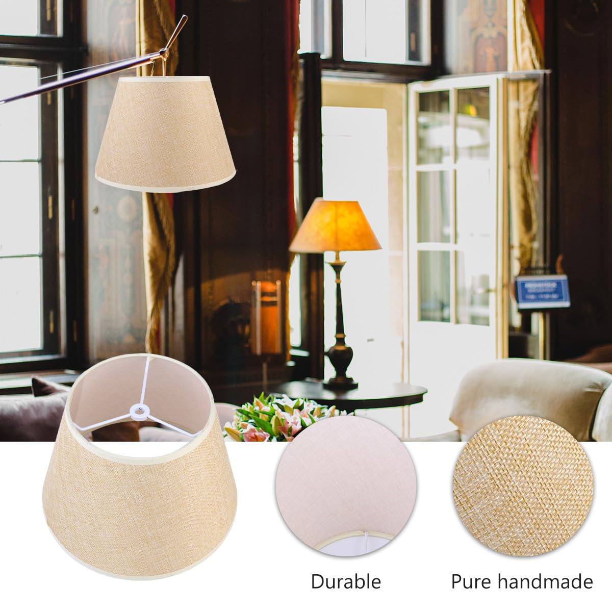 POPETPOP Pantalla de Lámpara E27 de Lino Beige para Mesa, Luz Suave y Hecha a Mano, Accesorio Natural y Cómodo para Escritorio o Mesita de Noche