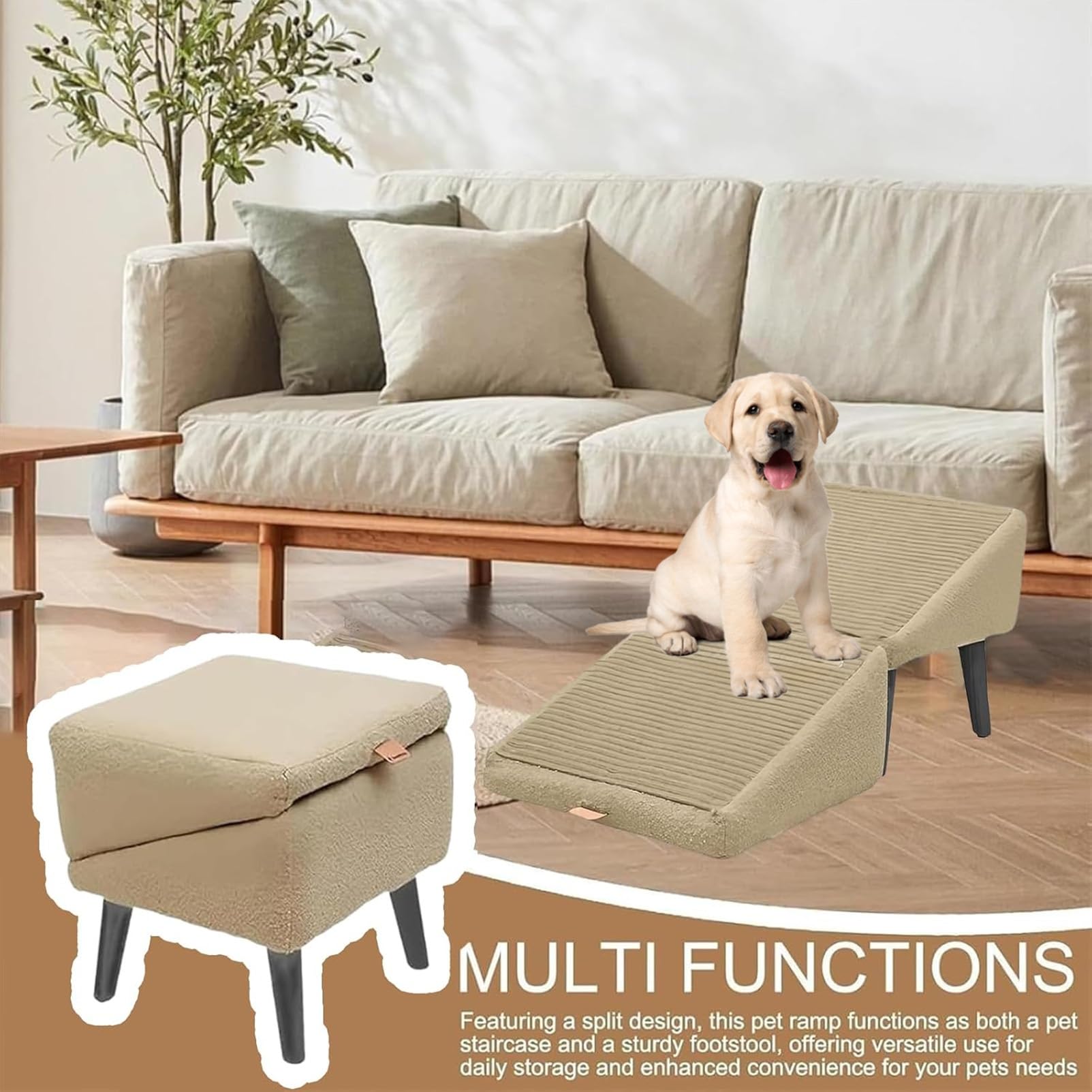 Rampe pour Chien Ottomane Divisée Tout-en-Un Pliable, Escalier Multifonction pour Chiens Grande et Petite Taille (Khaki)