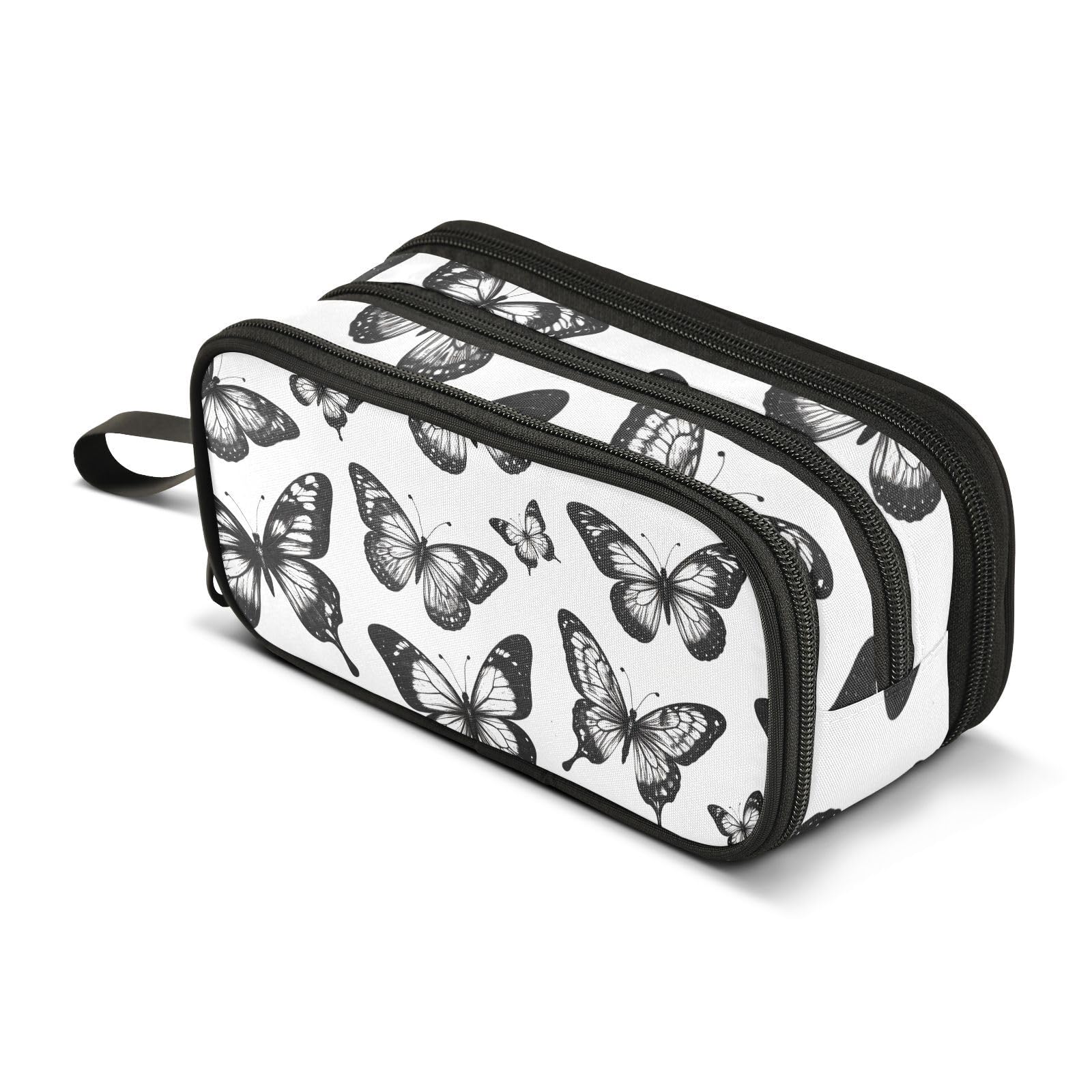 Black White Butterflies Large Capacity Pencil Case Box Boys Girls Big Stationery Pen Bag Organizer Pencil Pouch Zipper Compartments for School Office