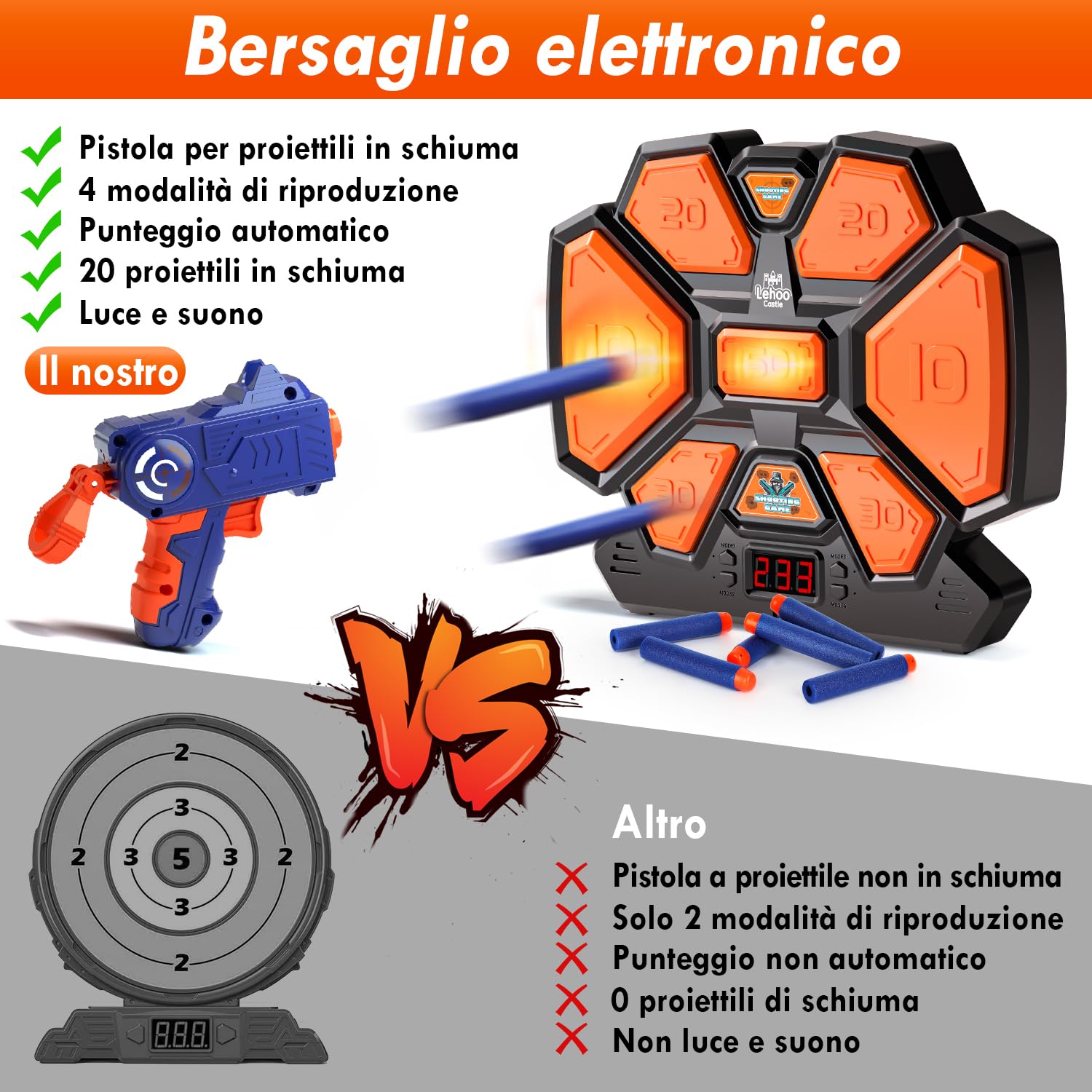Lehoo Castle Bersaglio Nerf, Bersaglio Digitale per Pistole Nerf, Viene Fornito con 1 Blaster, 20 Colpi di Munizioni in Schiuma, 2 Cinturini da Polso(Nero)