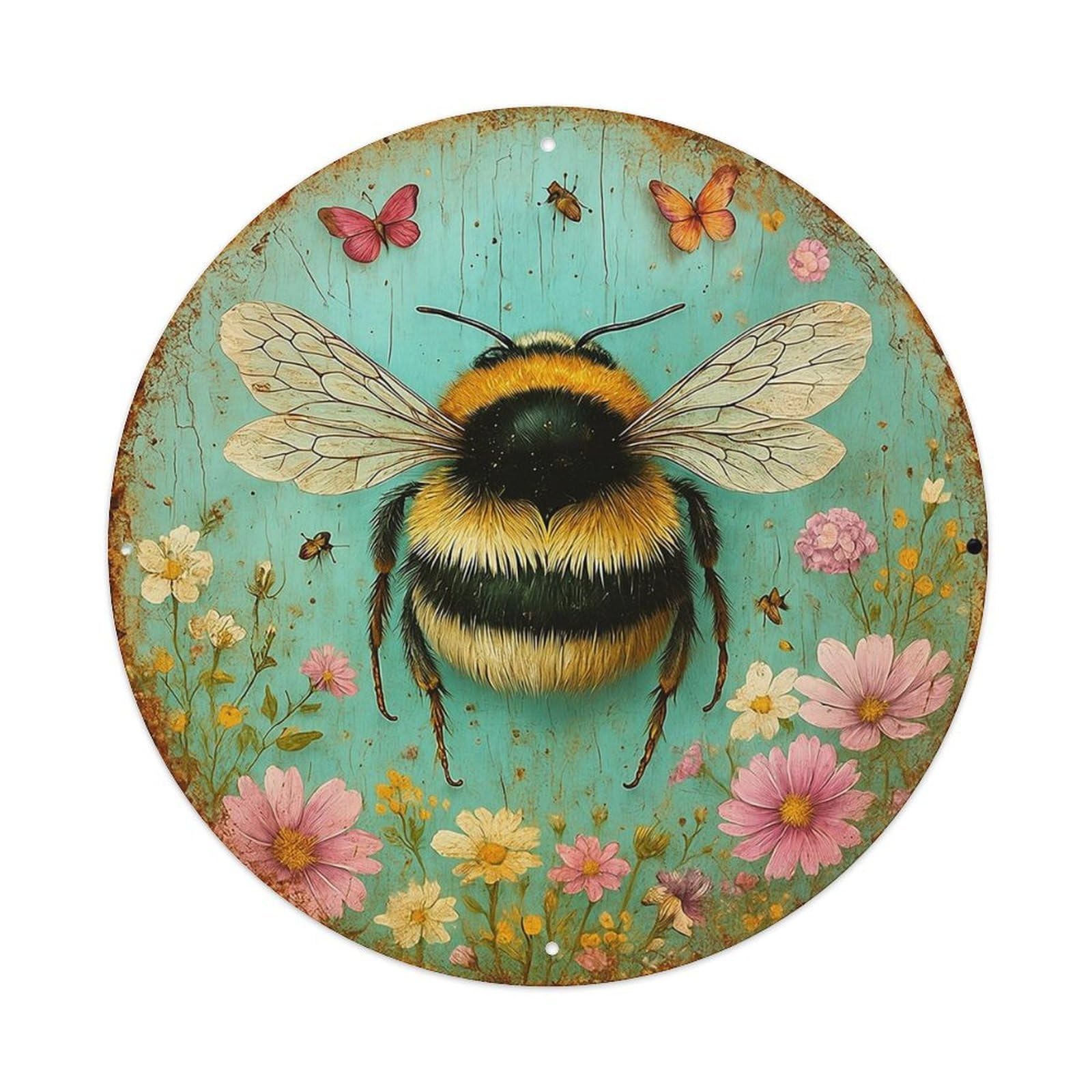 Vintage Bee And Floral Pattern Tin Sign Metal Poster Vintage Metal Signs for Home Man Cave Bar Cafe Kitchen laundry room Wall Decorations 8x8 inches