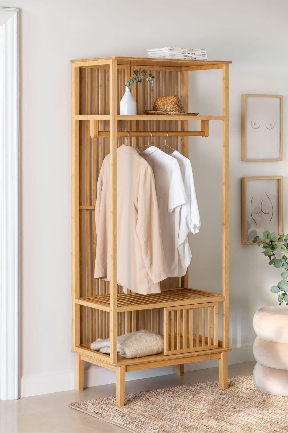 EARLYWOOD Teak Wooden Open Wardrobe Cabinet – Slatted Design with