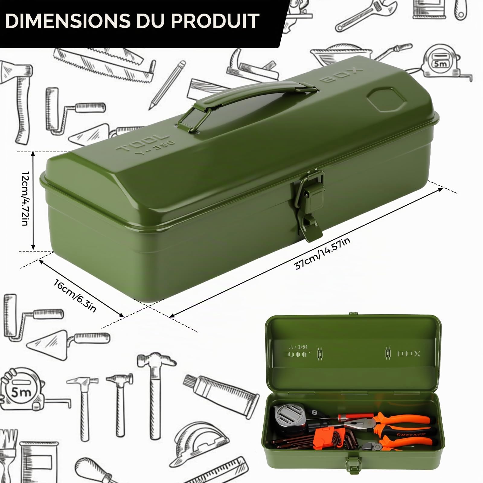 Boite Outils Metal Verte, 37 × 16 × 12 cm, Caisse pour Outils avec Verrouillage à Pression et Poignée Ergonomique, Boîte à Outils Portable pour Atelier, Maison, Usage Quotidien