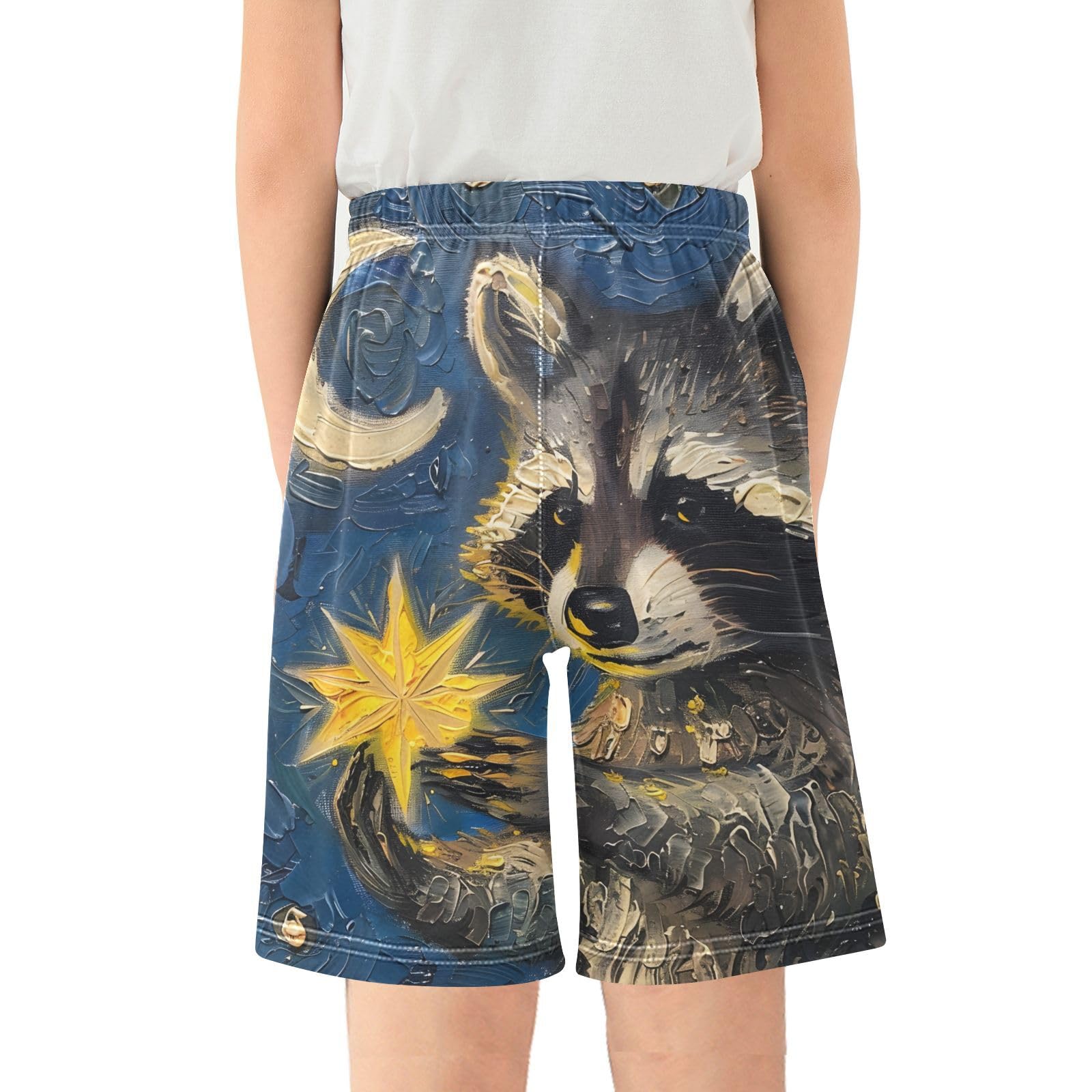 ALAZA Raccoon Holding A Glowing Star Painting Boys Athletic Shorts Kids with Pockets Shorts for boy Girl Size 6-8 Years Multicolor