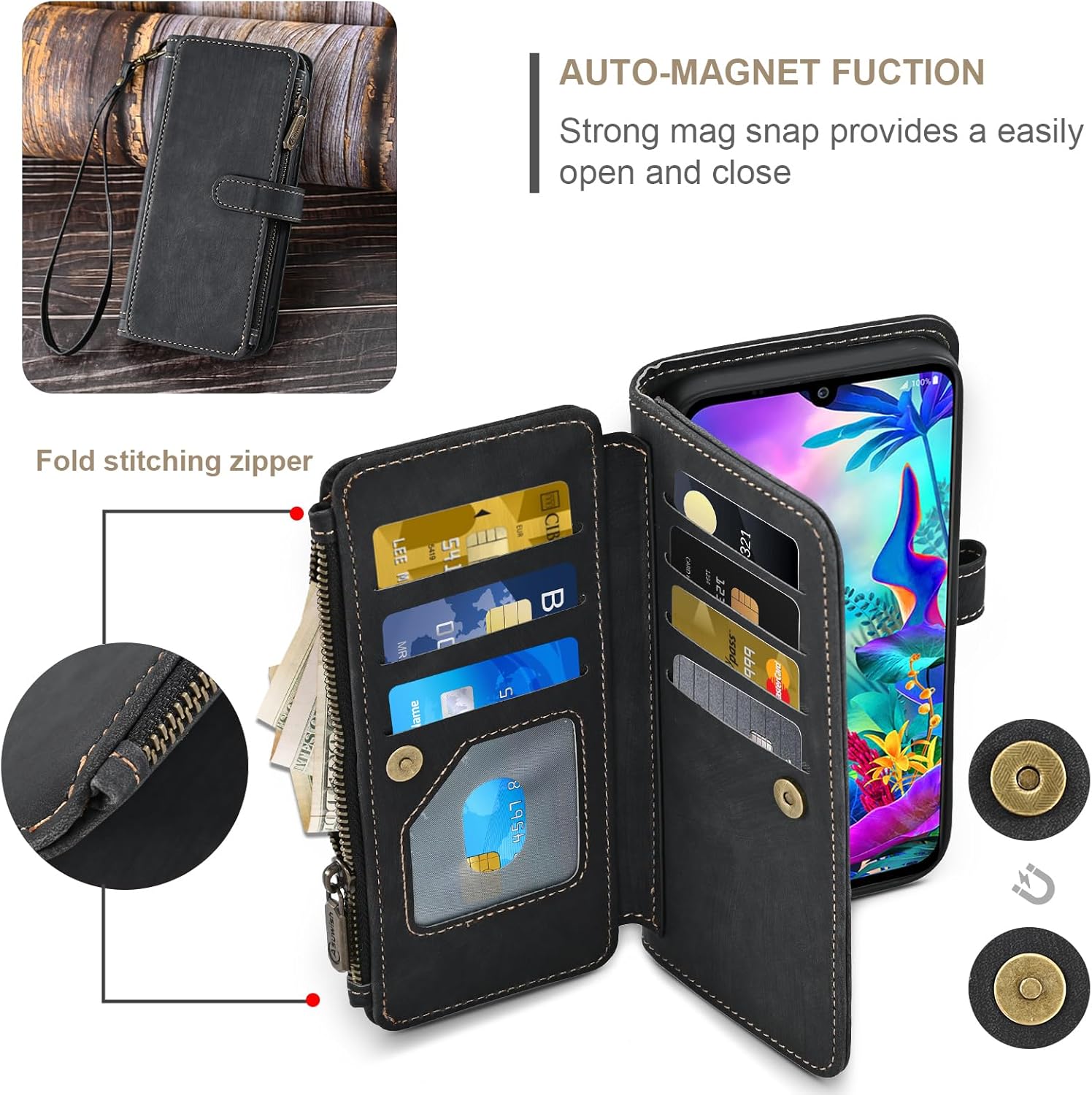 Asuwish Phone Case for LG G8X ThinQ V50S Thin Q Wallet Cover and Tempered Glass Screen Protector Leather Flip Credit Card Holder Stand Lanyard Rugged Cell Accessories LGG8XThinQ GX8 8X Women Men Black