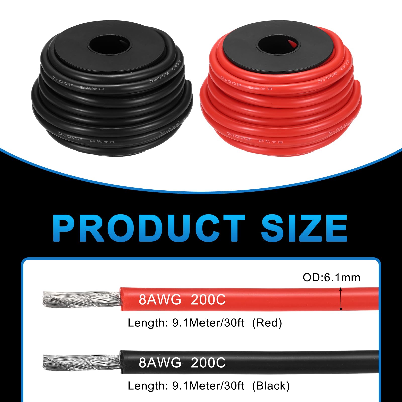 QUARKZMAN 2 Piezas Carrete de Cable Eléctrico de Silicón 8 AWG, Cable Eléctrico Calibre 8 9.1m/30 Pies, Cable Para Batería de Alta Temperatura de Cobre 600V 200C - Rojo y Negro