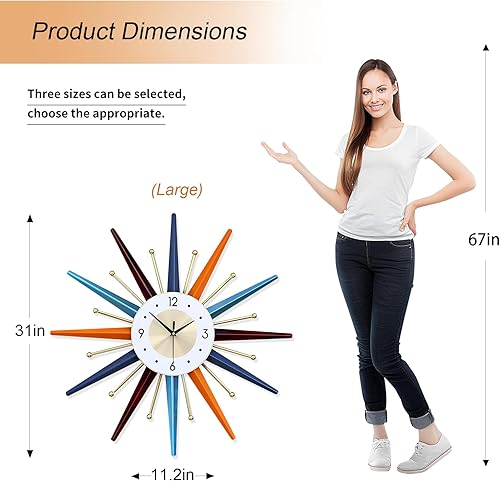 Miniatura 3 de Reloj de pared grande de 31 pulgadas, moderno reloj de pared Starburst de mediados de siglo, decoración moderna sin tictac, funciona con pilas,