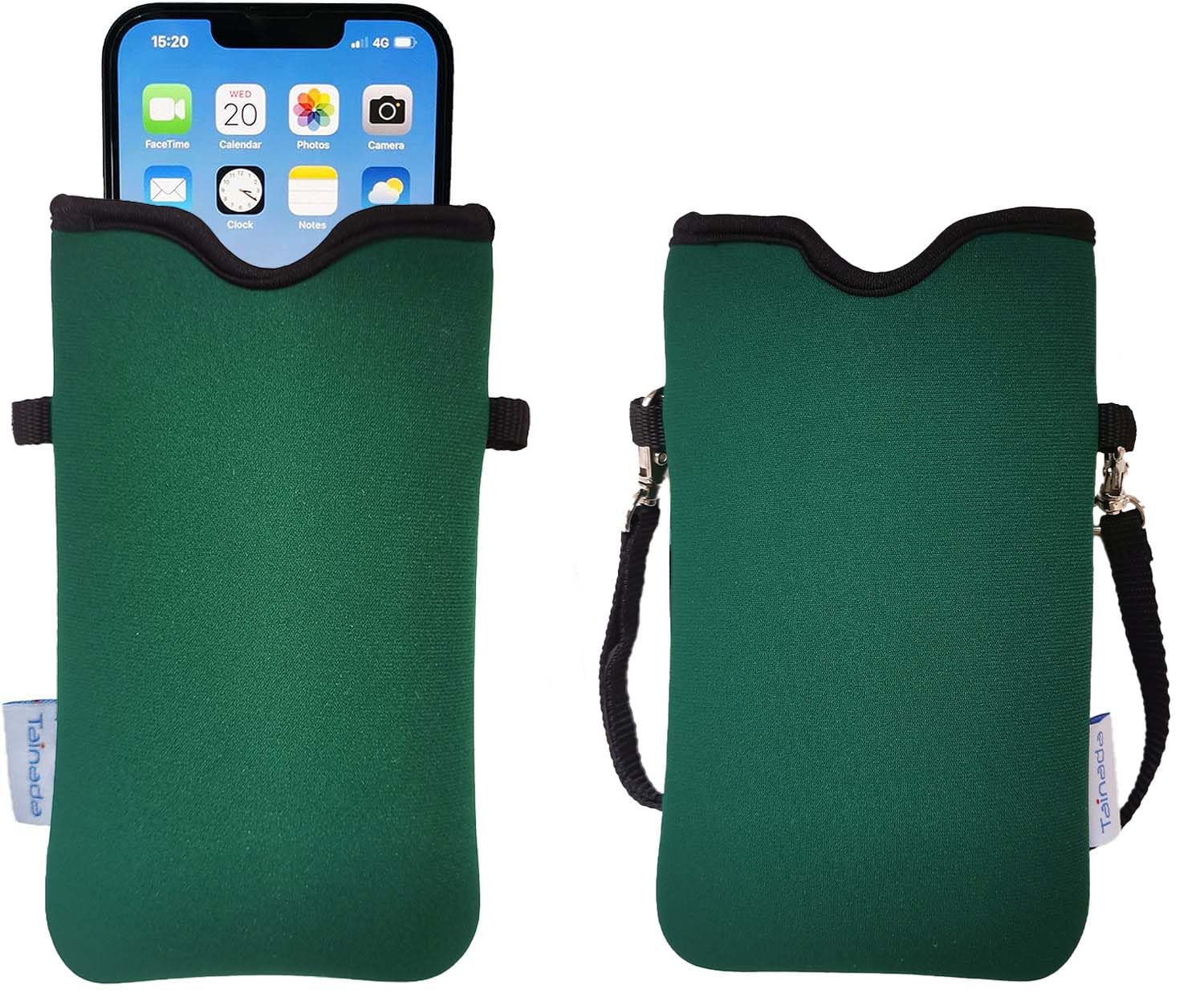 Tainada Neoprene Neck Phone Carrier Case w/Crossbody Strap (Dark Green) | For Men/Women; Water-resistant neoprene material, shockproof, lightweight, w