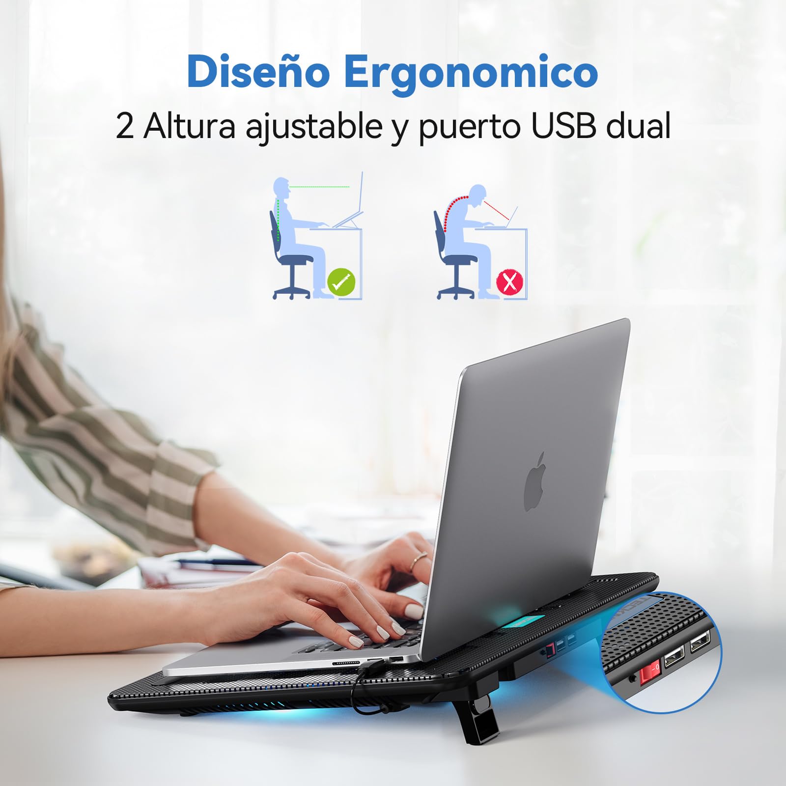 TeckNet Base Refrigeradora Portatil, Alimentado por USB, con 2 Puertos USB y Ventilador para Portátil, Incluye 3x118mm Ventiladores Silenciosos, Adecuado para Portátiles de 12-17 Pulgadas