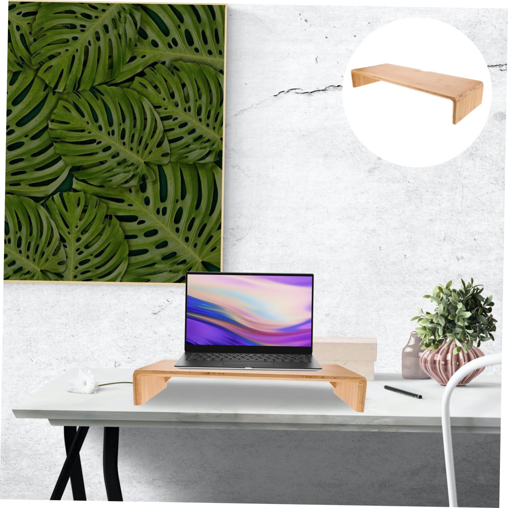 Rialzo per Monitor da Scrivania in bambù Beige, Supporto Ergonomico Il Benessere Visivo e Postura Comoda, per Casa e Ufficio