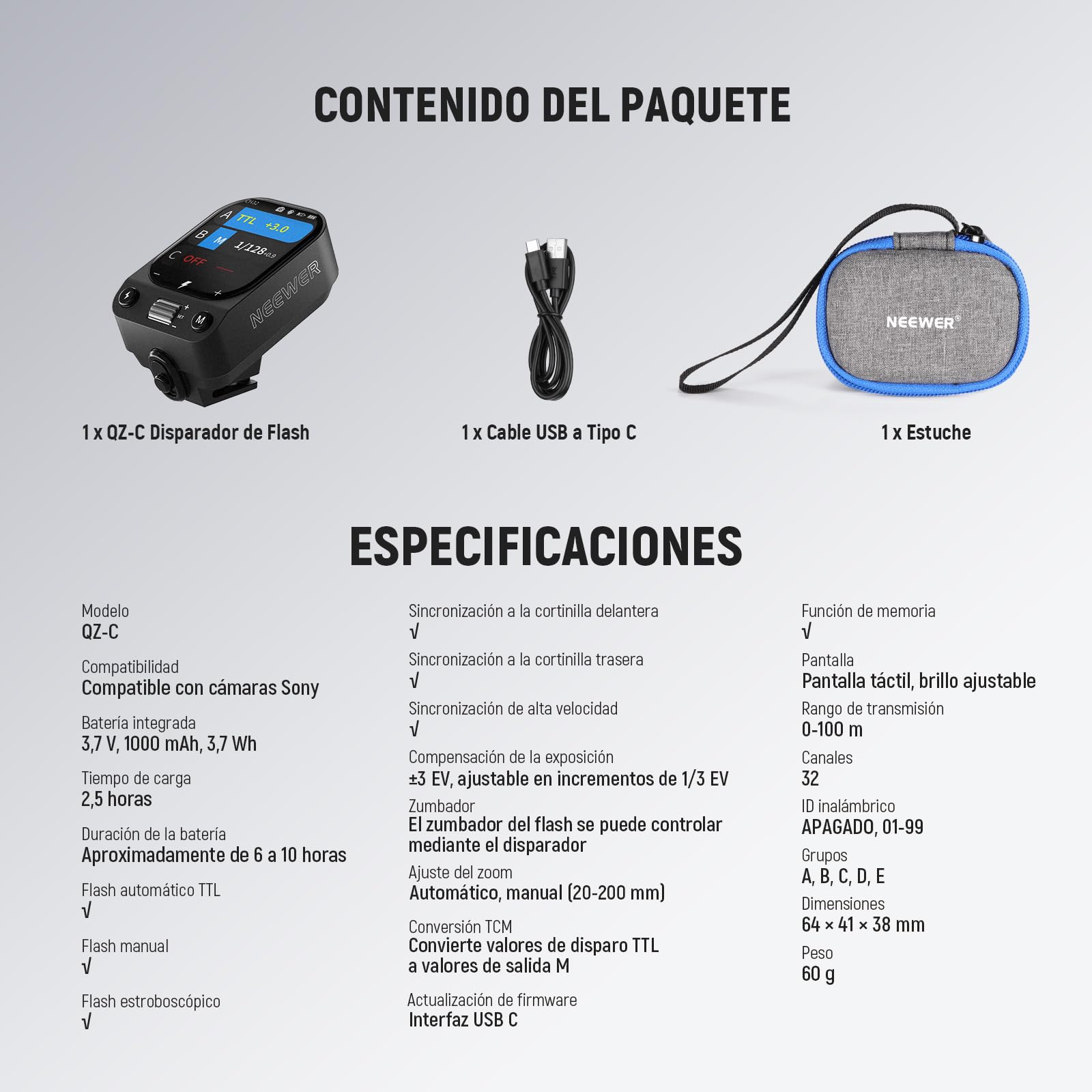 NEEWER QZ-C 2.4G TTL Disparador Flash Inalámbrico Compatible con Canon Camera Godox IT32 V1 V100 AD200 Pro II, Transmisor Flash Zpata Pantalla Táctil OLED, HSS 1/8000s, Batería 1000mAh/Interruptor CM
