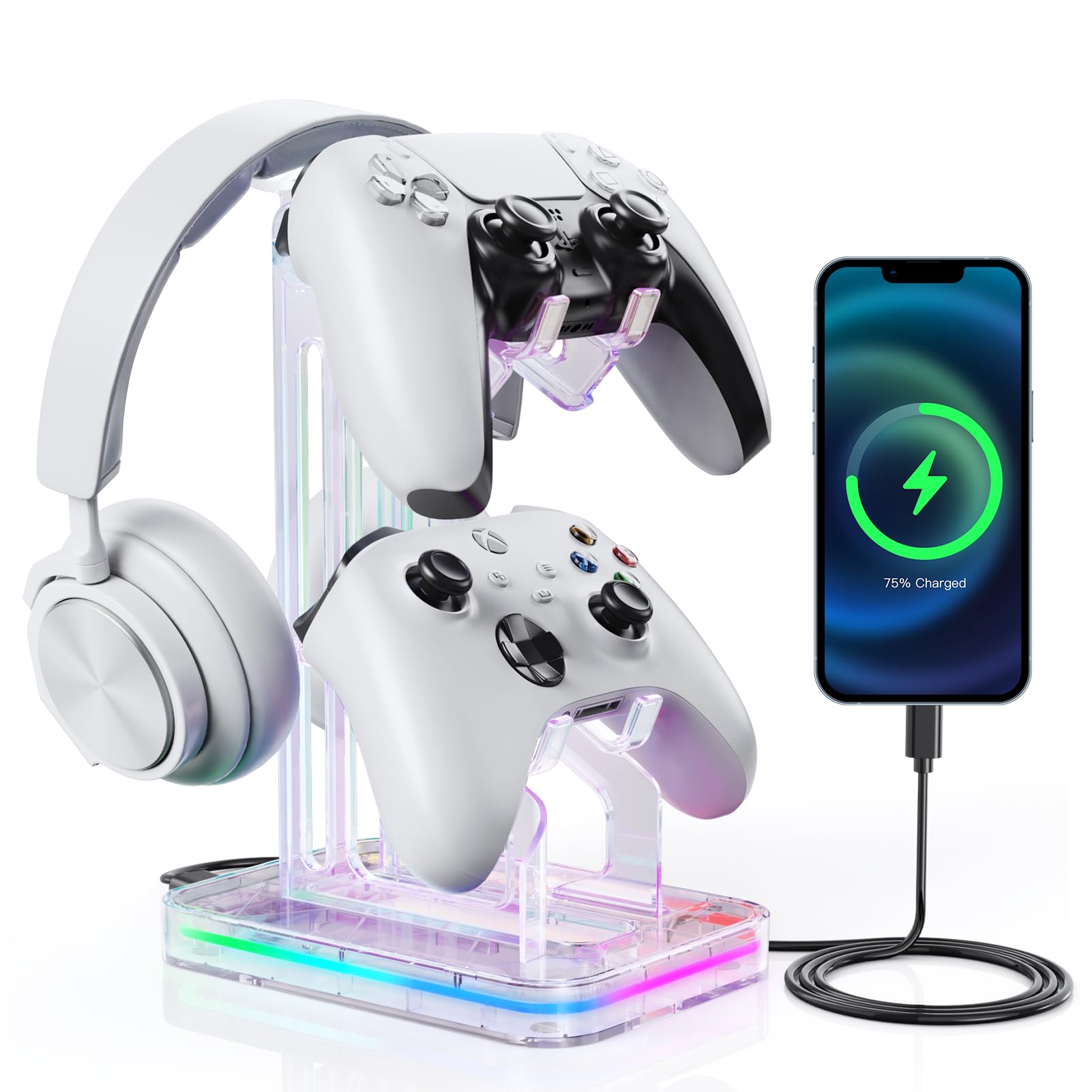 Luckit Soporte para Auriculares RGB con 2 Puertos de Carga USB, Soporte de Controlador Dual con Modos de luz, Accesorios para Colgar Auriculares para Jugadores de Escritorio