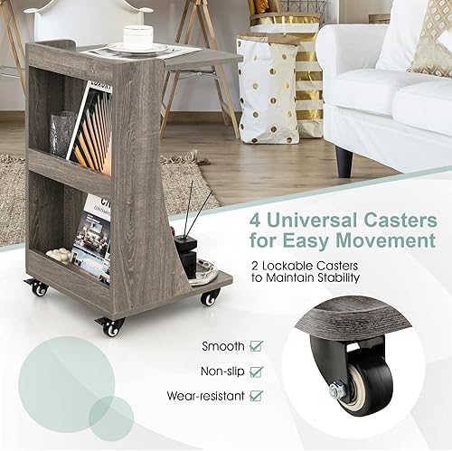 Miniatura 6 de GOFLAME Juego de 2 mesas auxiliares en forma de C, mesa auxiliar de sofá móvil con 2 compartimentos traseros de almacenamiento, ruedas giratorias