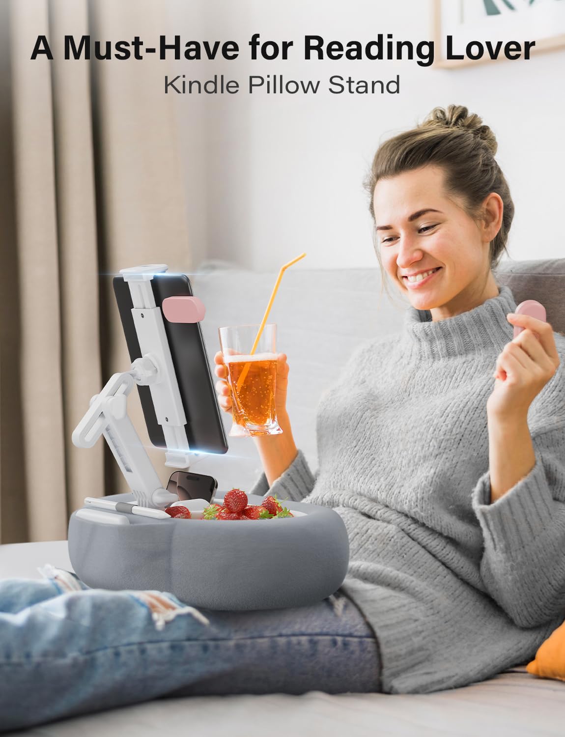 TAZENI Soporte de almohada para tablet Kindle con 2 bandejas para teléfono/tableta/Kindle iPad de 4 a 13 pulgadas, soporte para cama con accesorios de lectura de tela suave, regalo para leer, color