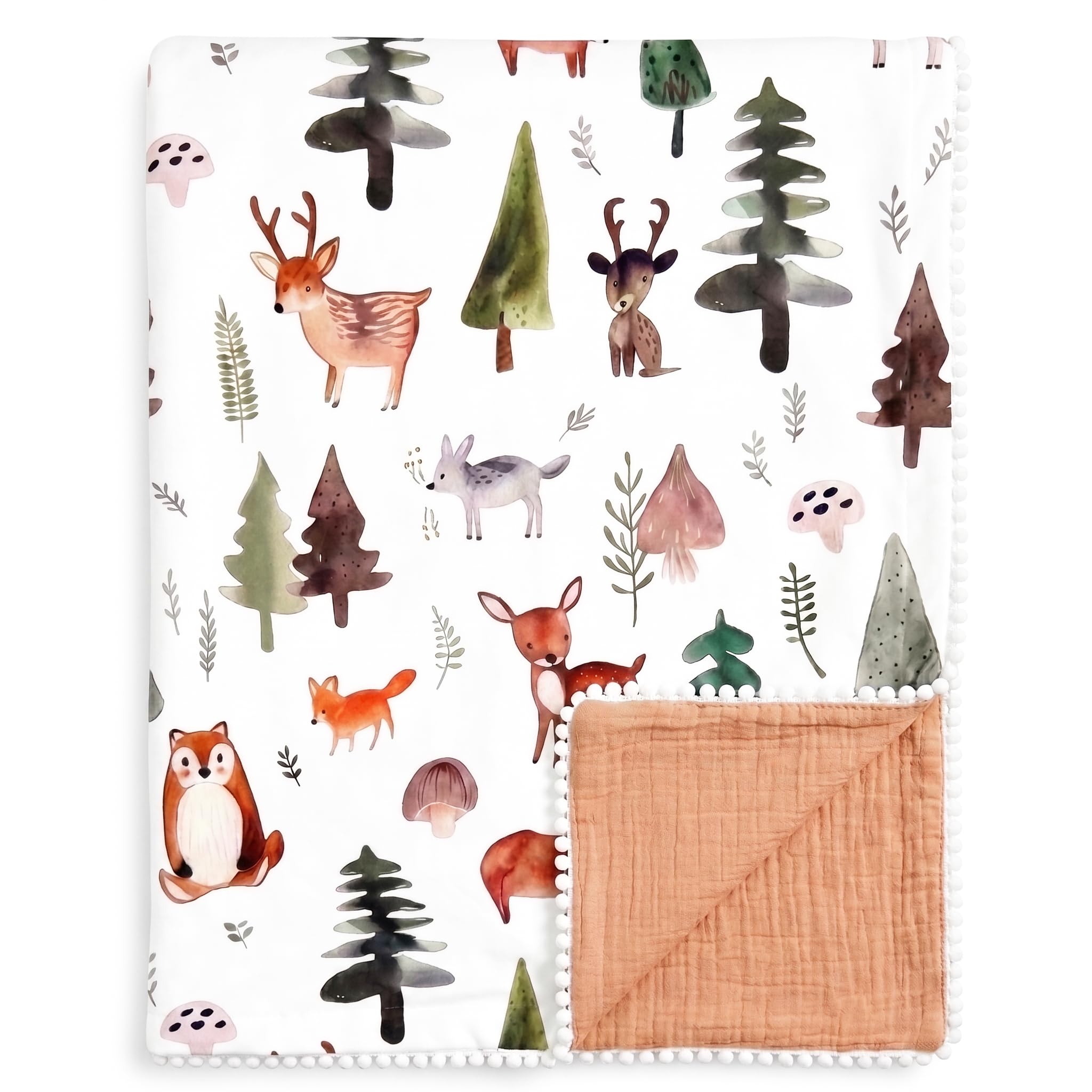 Baby Blanket for Newborn, Soft Reversible Muslin Blanket with Pom-Pom Edge