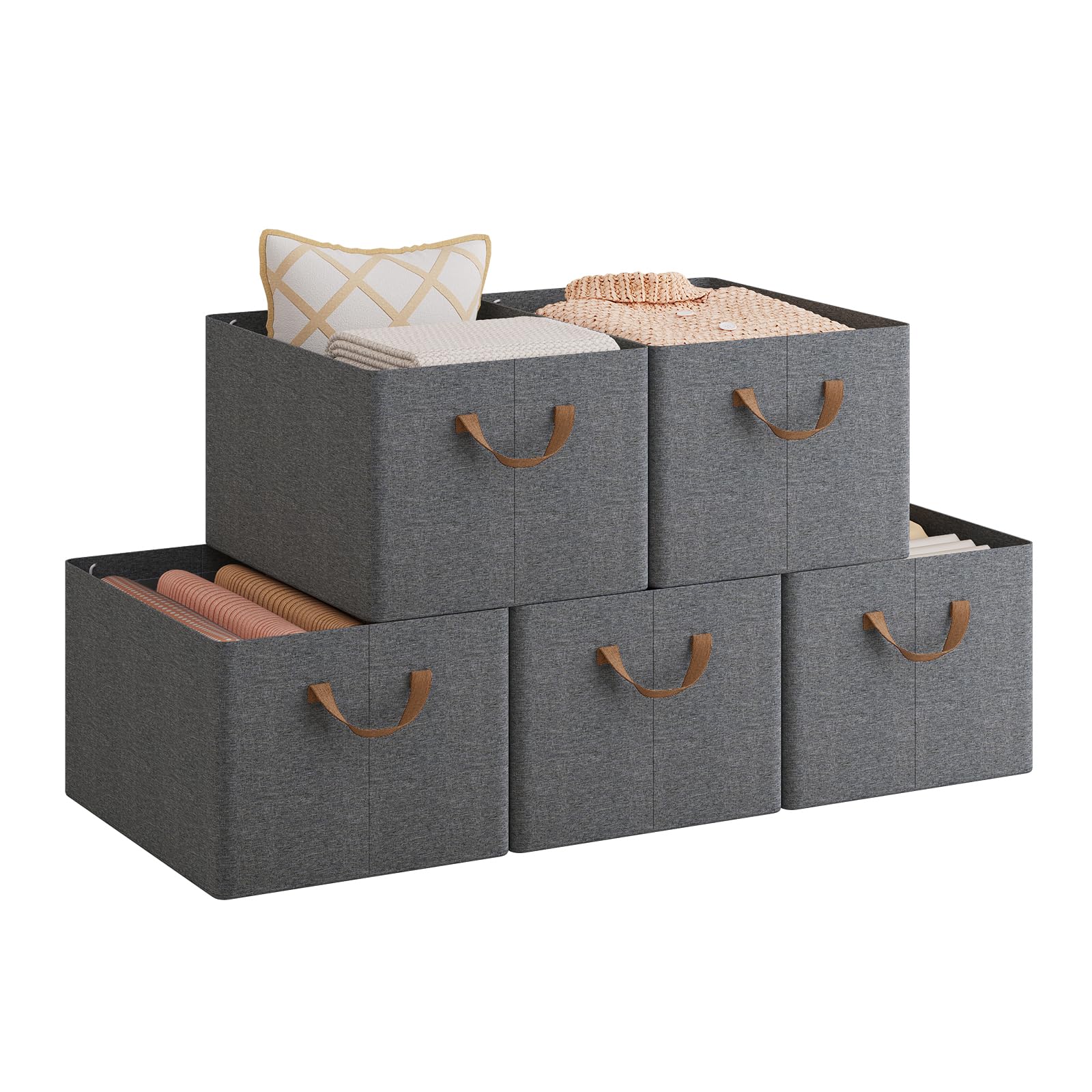 WOLTU Set di 5 Scatole Portaoggetti Pieghevoli, Scatole Portaoggetti Pieghevoli in Tessuto con Manici, per Vestiti e Giocattoli, Grigio, 42x32x26 cm