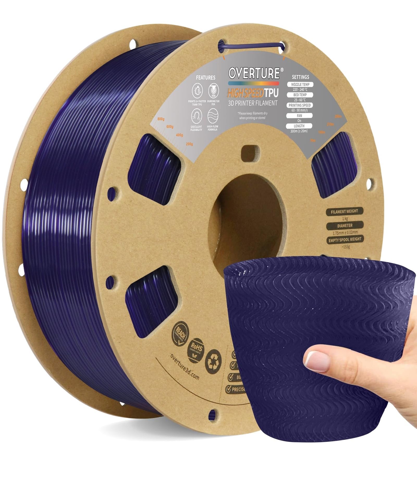 OVERTURE TPU Filamento 1.75 mm per Stampante 3D ad alta velocità Flessibile High Speed TPU 1kg(2.2lbs), Precisione Dimensionale +/- 0.02 mm (Translucent Viola)