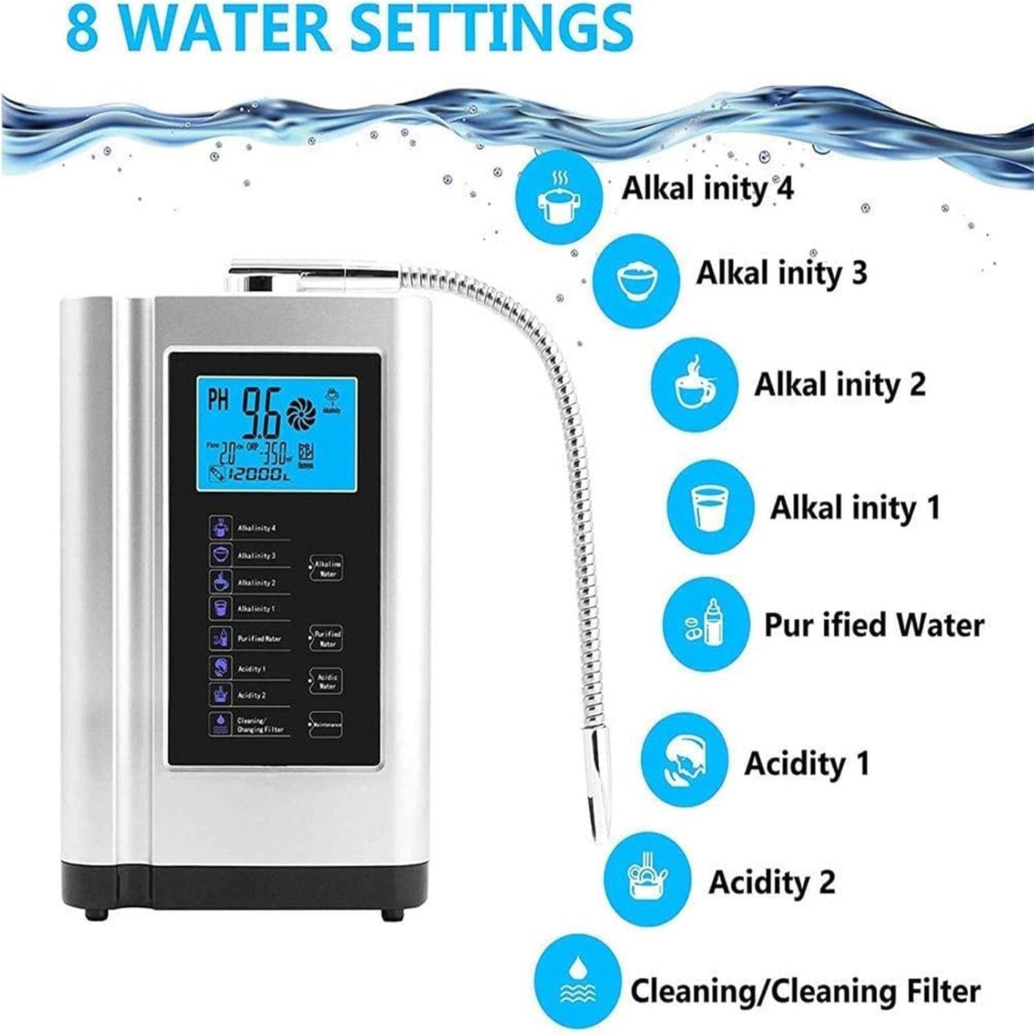 Alkaline Water Ionizer Machine AG7.0, Home Filtration System Produces pH 4-10.5 Water Up to -500mV ORP, 8000L Per Filter, Auto-Cleaning, 285x170x110 mm,Silver
