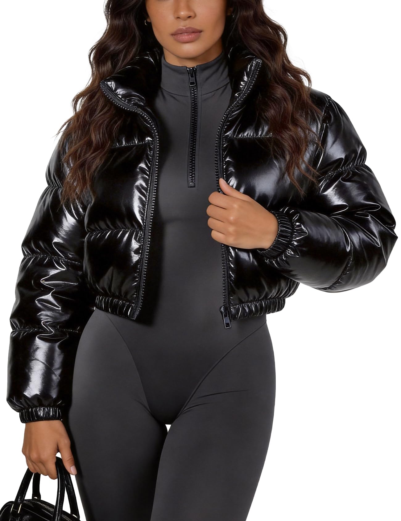 Flygo Gesteppte Steppjacke für Damen, metallisch, glänzend, mit Reißverschluss, Daunenmantel, Oberbekleidung