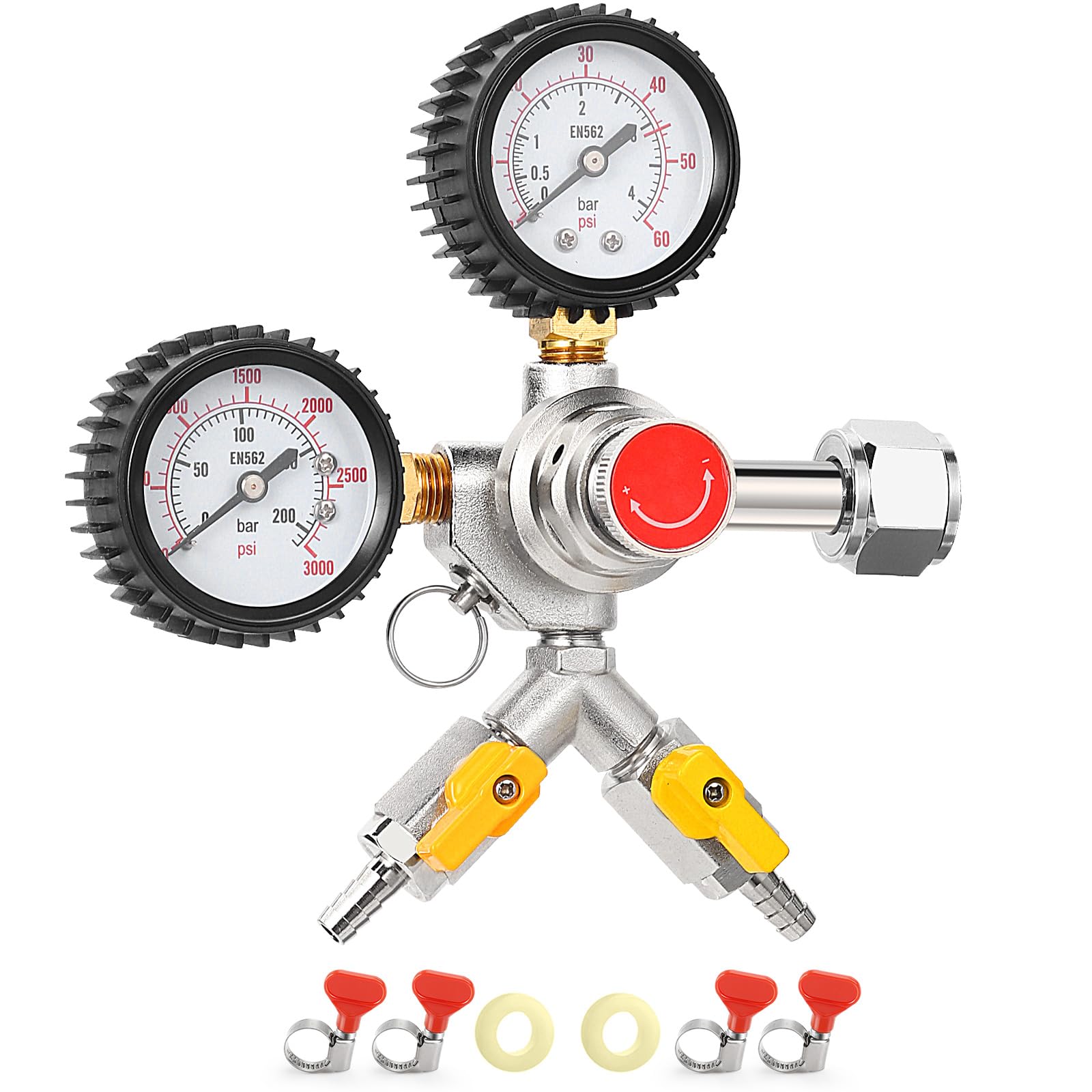 Regulador de CO2 tipo Y para kegerator con doble manómetro y abrazaderas