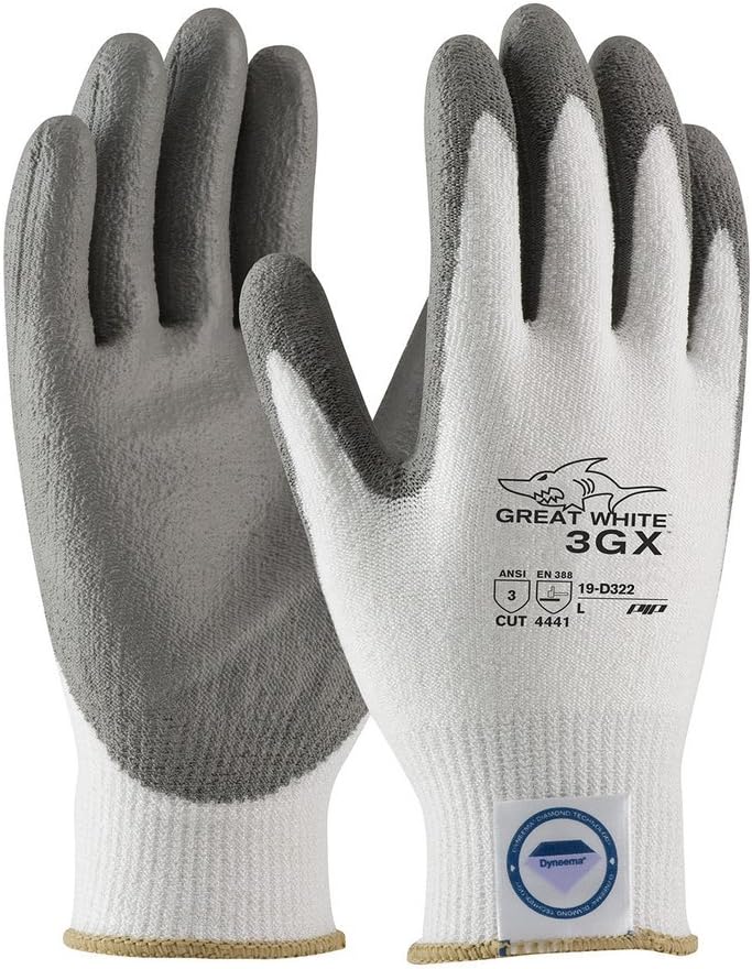 Protective Industrial Products Medium White And Gray Great White 3GX Light Weight Dyneema Diamond Blend Cut Resistant Gloves With Knit Wrist And Polyurethane Coated Palm And Fingertips - 4 Pairs