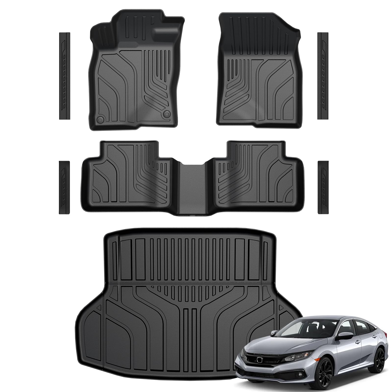 GALVAGNITE Floor Mats for Honda Civic 2016-2021, All Weather Floor Mats Trunk Cargo Liner and Door Sill Guards Accessories, Full Coverage Set (Fit Sedan Models)