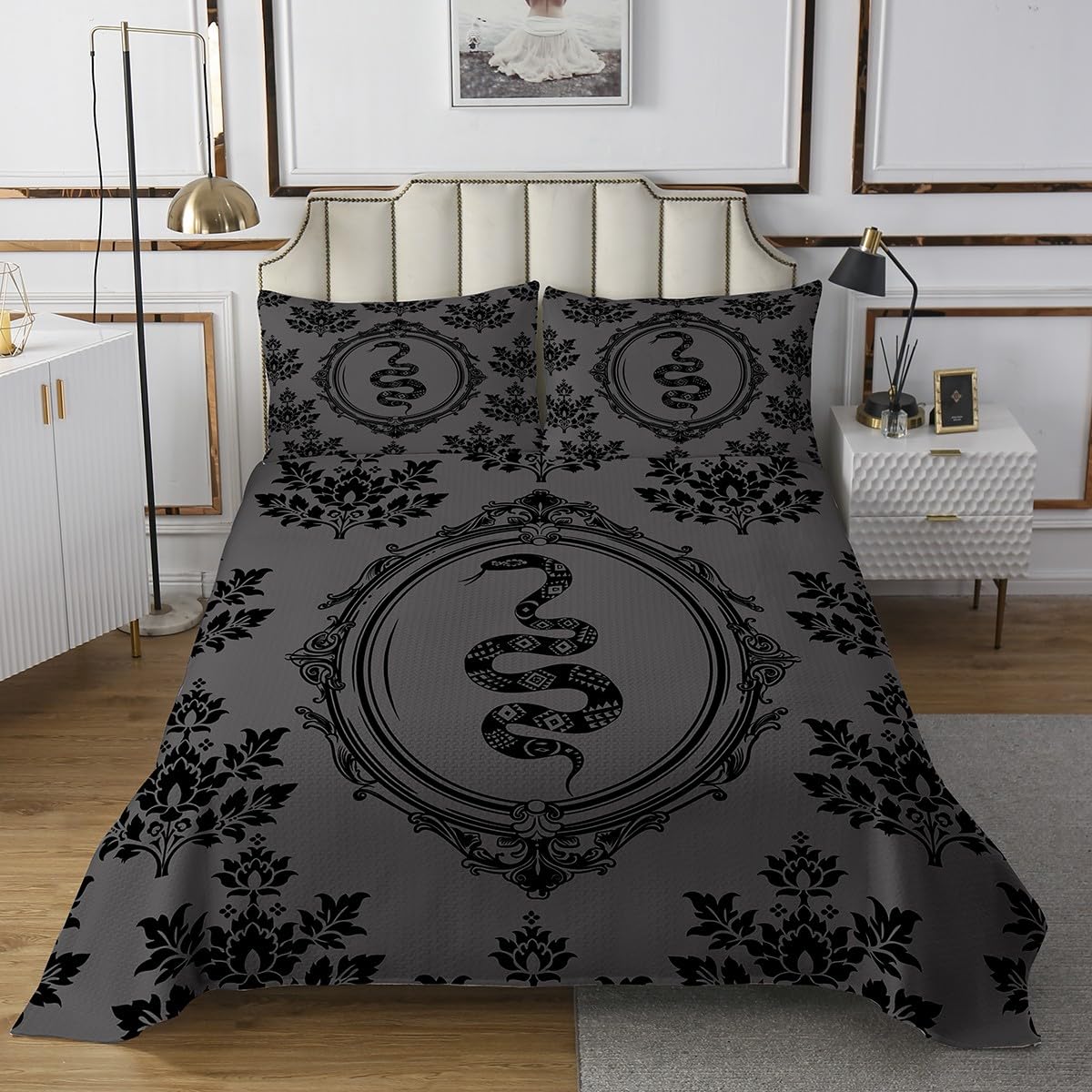 jejeloiu Dark Grey Damask Print Bedspread Twin Size Kids, Boho Goth Snake Coverlet Set for Boys Girls, Vintage Bohemian Quilted Coverlet Microfiber Gothic