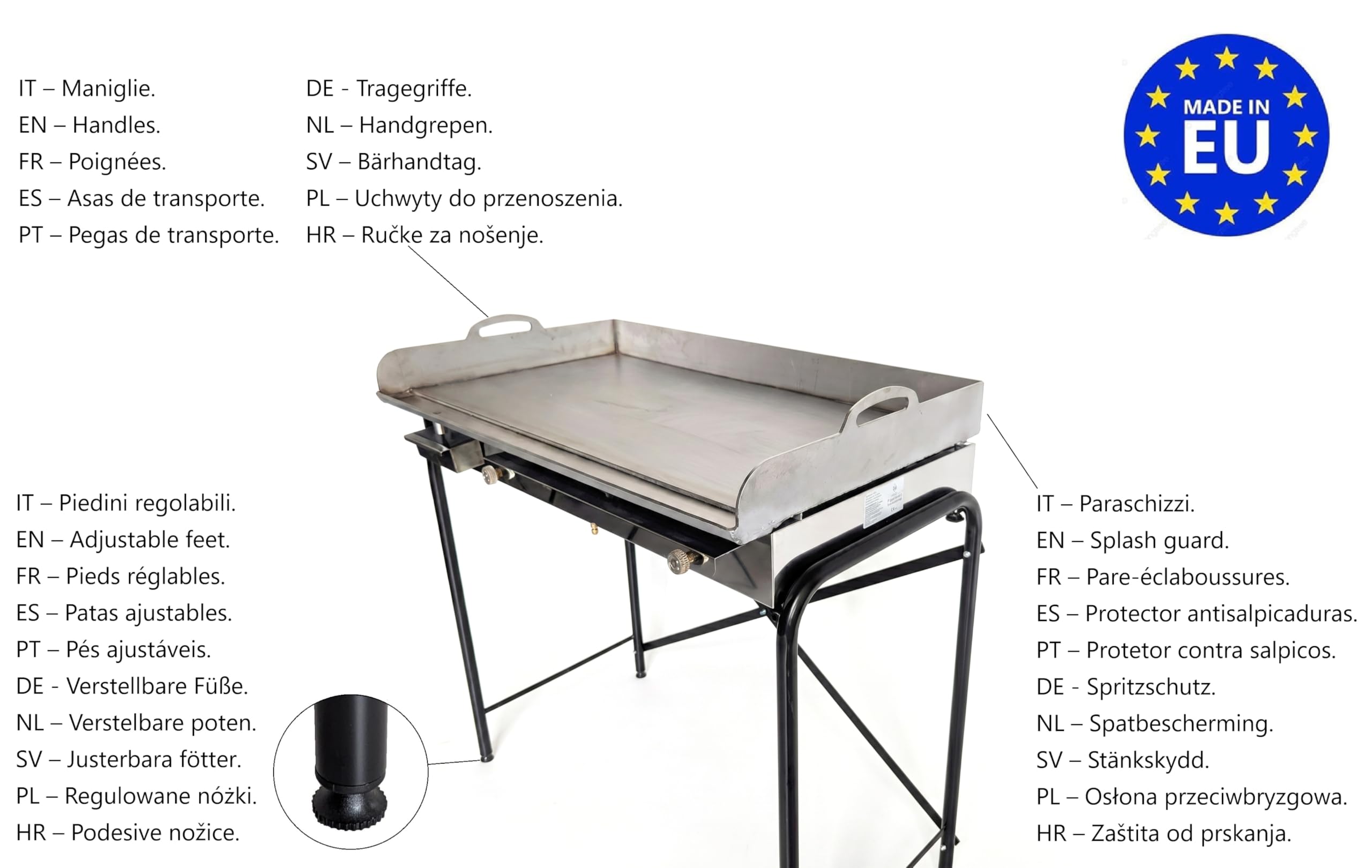 Yelloo - Parrilla Inoxline 1000 100x60 cm con placa lisa de acero inoxidable AISI430, BBQ barbacoa de gas con dos quemadores
