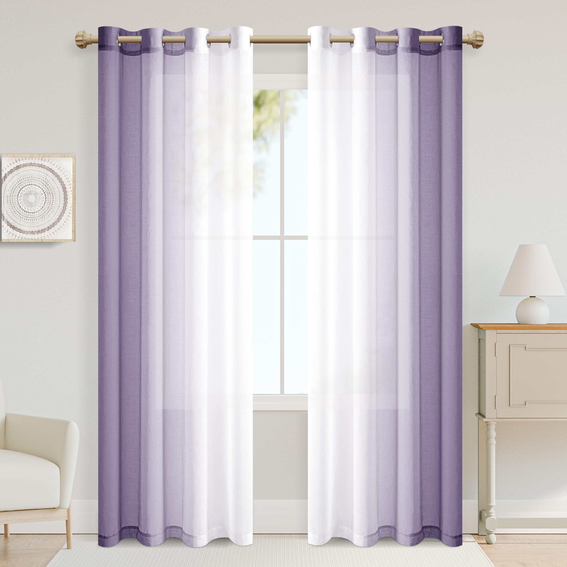XWZO Cortinas con ojales, cortinas transparentes de voile degradado, para dormitorio y salón, 245 x 140 cm (alto x ancho), color lila