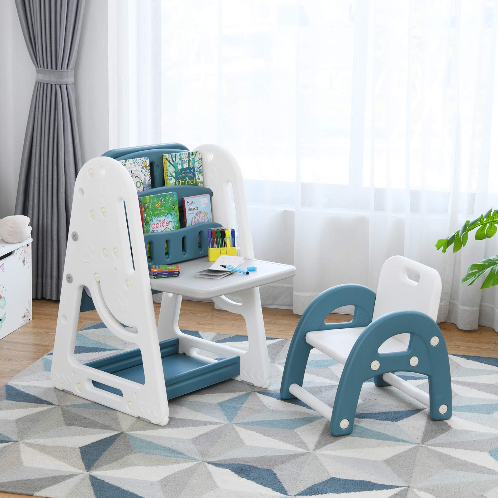 COSTWAY Set 2 in 1 Cavalletto per Bambini, Lavagna Magnetica Multifunzione Bifacciale, Libreria Bambini Altezza Regolabile, con Sedia e Accessori (Blu)
