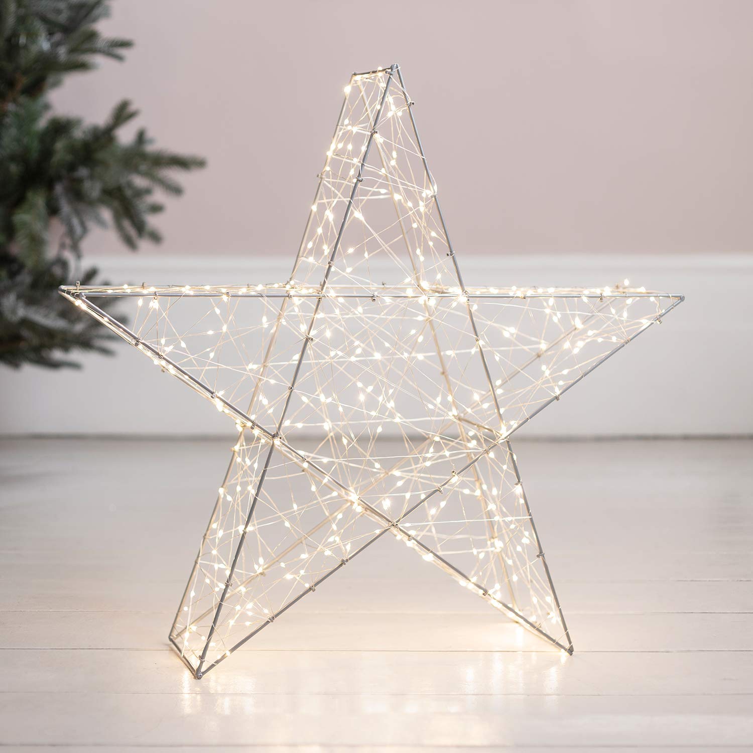 Lights4fun Stella Luminosa 3D da 60 cm in Metallo con 400 Micro LED Blanco Caldo a Pile con Timer Decorazione Natalizia per Interni ed Esterni