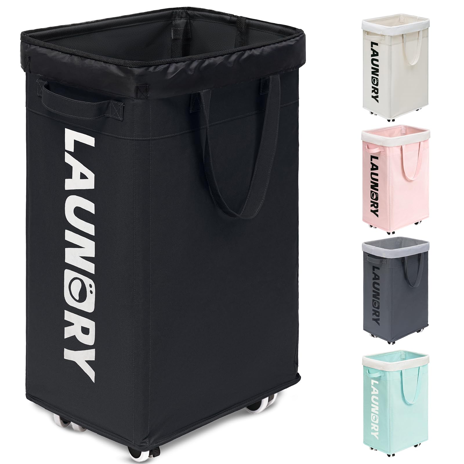 Goodpick Black Laundry Hamper with Wheels, 75L Dirty Clothes Hamper with Removable Wash Bag for Laundry Room, Rolling Laundry Basket