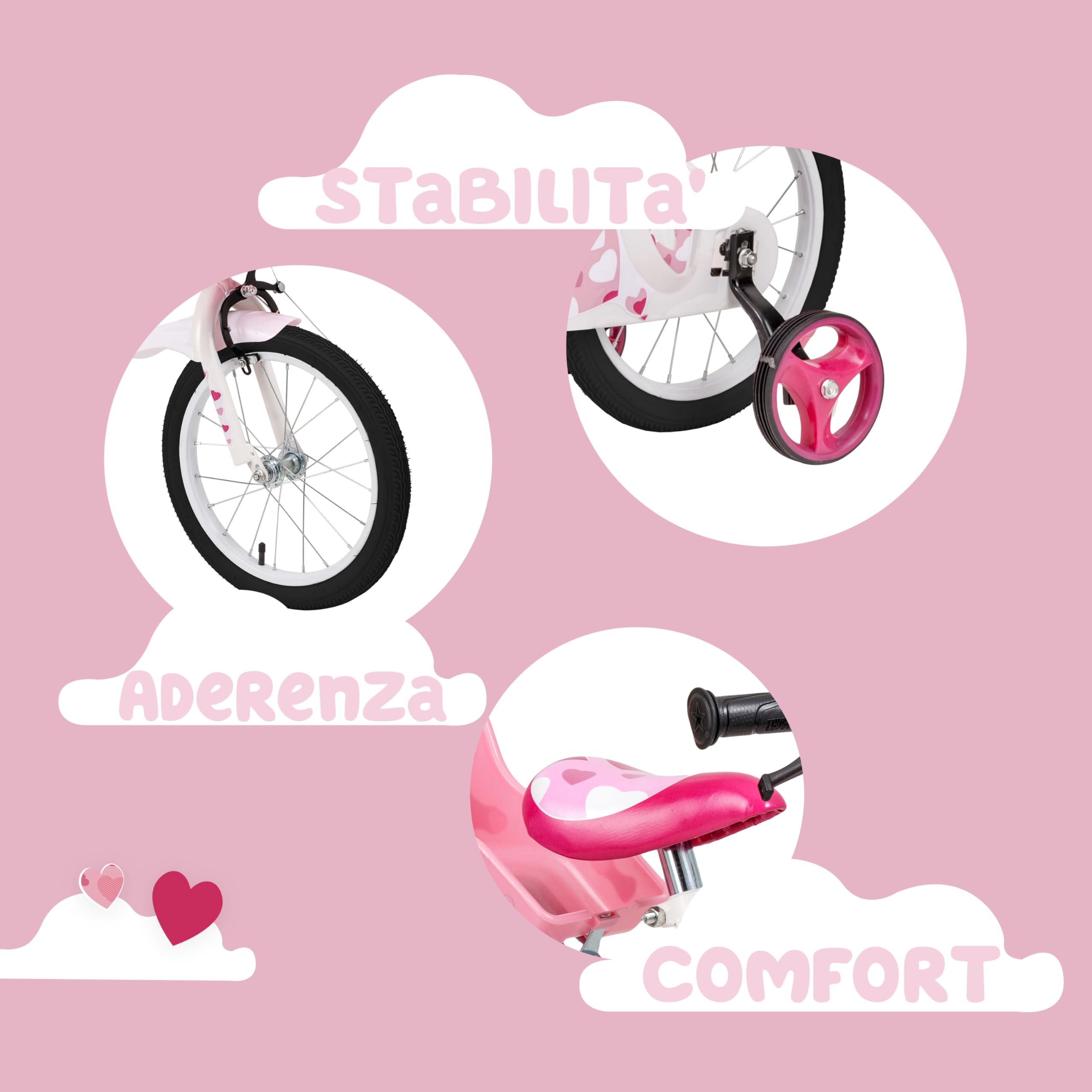 Baroni Toys Bicicletta Bambina Rosa Cuori 12" 14" 16" con Cestino e Rotelle