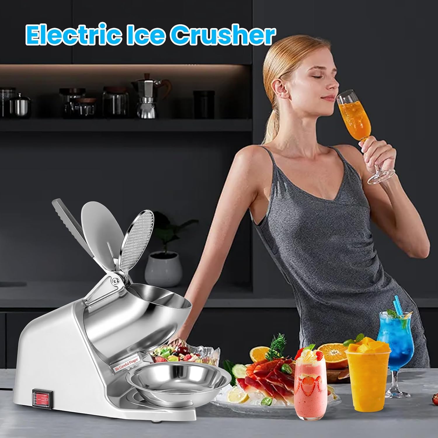 Electric Ice Shaver, 4-Blade Ice Crusher with Stainless Steel Four Blades & Ice Pick, 300W & 226 lbs/hr Shaved Ice Machine for Home and Commercial Use, ETL-Listed, Silver