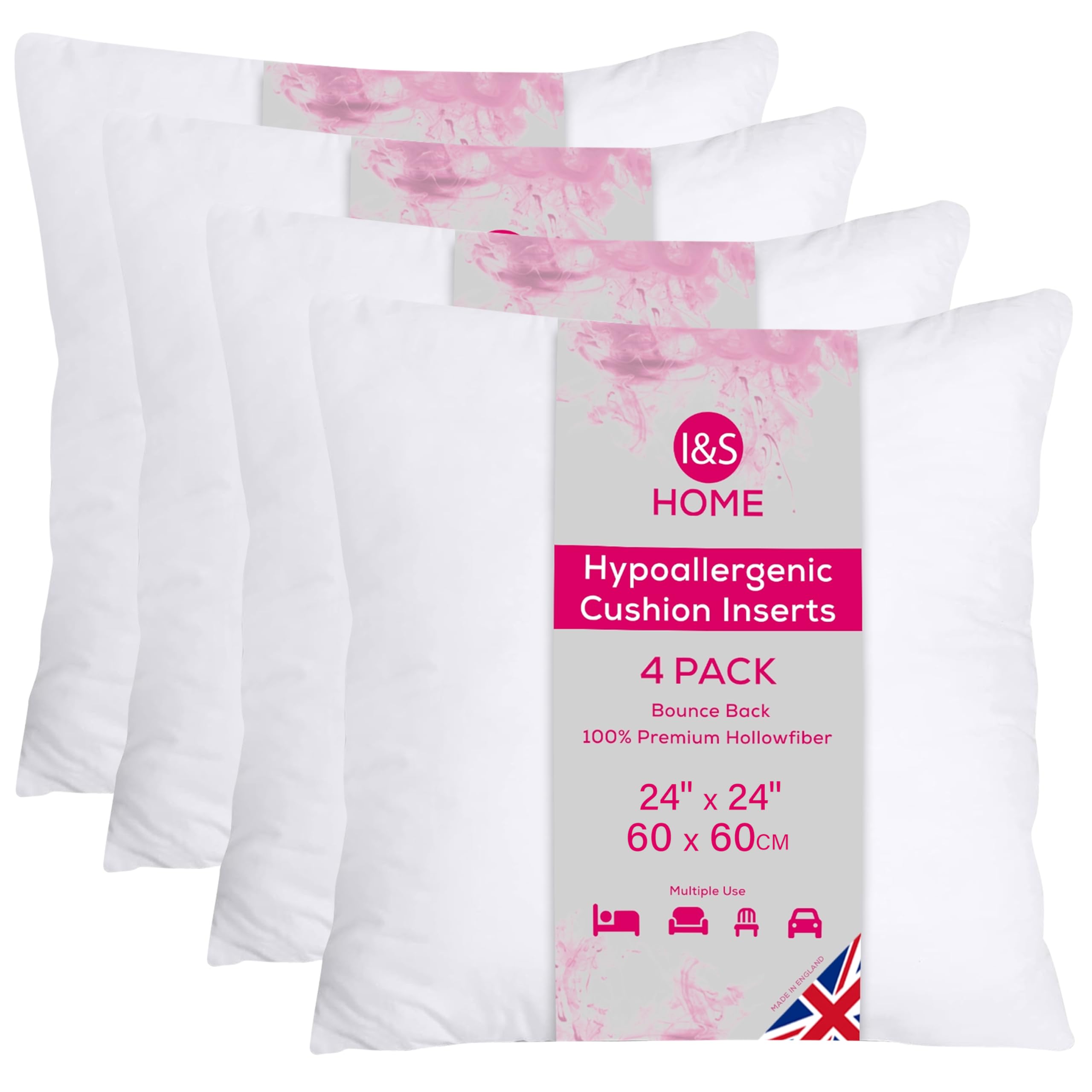 I&S Home Large Cushion Inserts 60cm x 60cm (24"x24") Square Cushion Inner Pads - Bounce Back Cushion Filler - Hypoallergenic Scatter Cushions for Sofa and Couch - Pack of 4