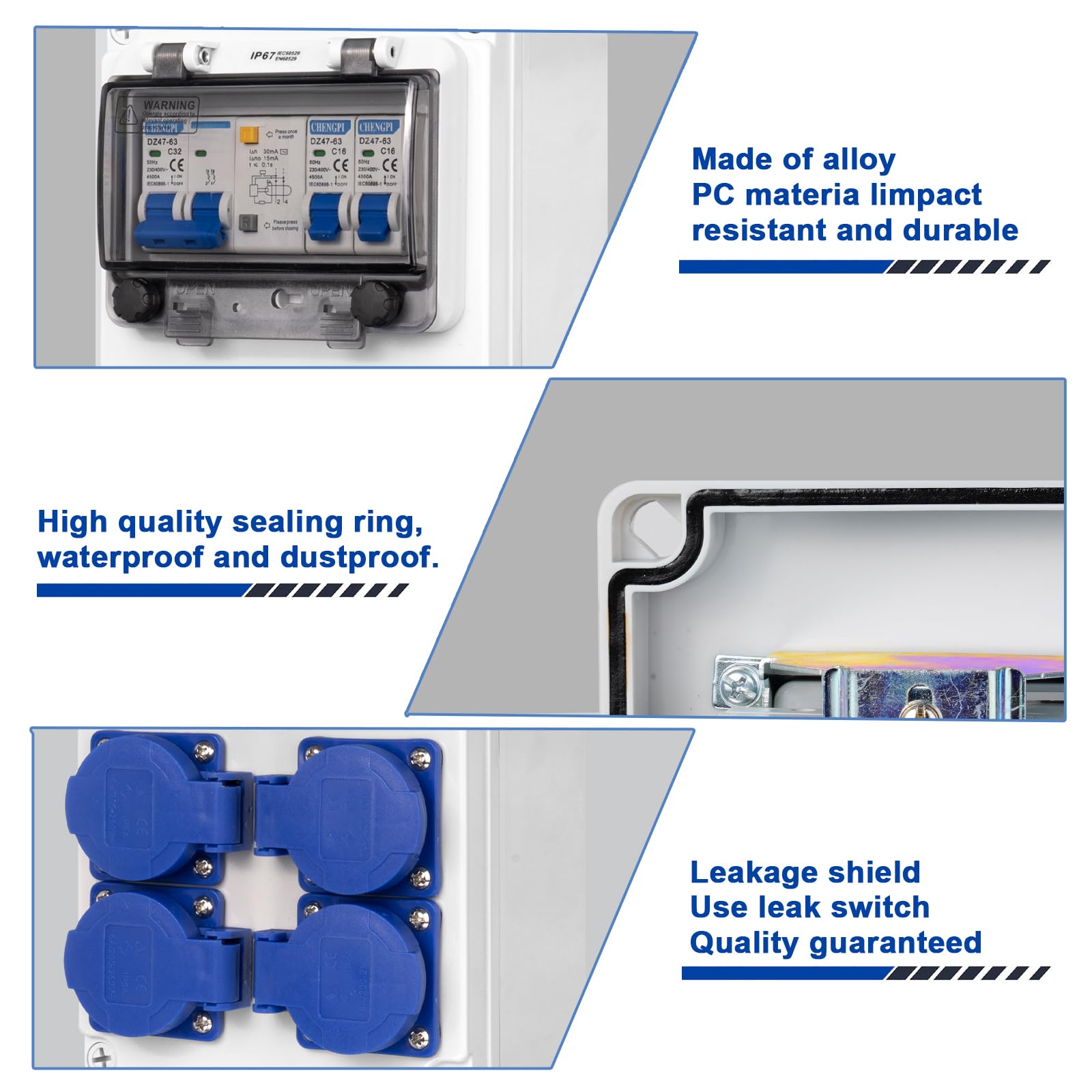 Distributore di Corrente per Cantieri con Interruttore FI 2P+N 32A, Distributore a Parete con 4 Spine di Messa a Terra 250V/16A, Distributore a Superficie per Edilizia, Industria, Uso Esterno