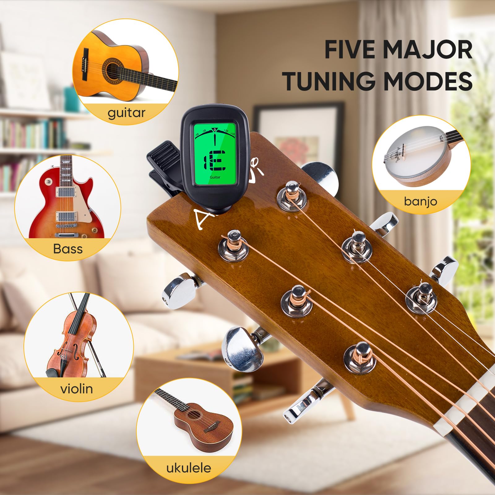 Moom Paquete de 2 cejillas y afinador de guitarra acústica de 6 cuerdas de liberación rápida para guitarras eléctricas, bajo, ukelele, cejillas dobles sin zumbidos con 4 púas de primera calidad