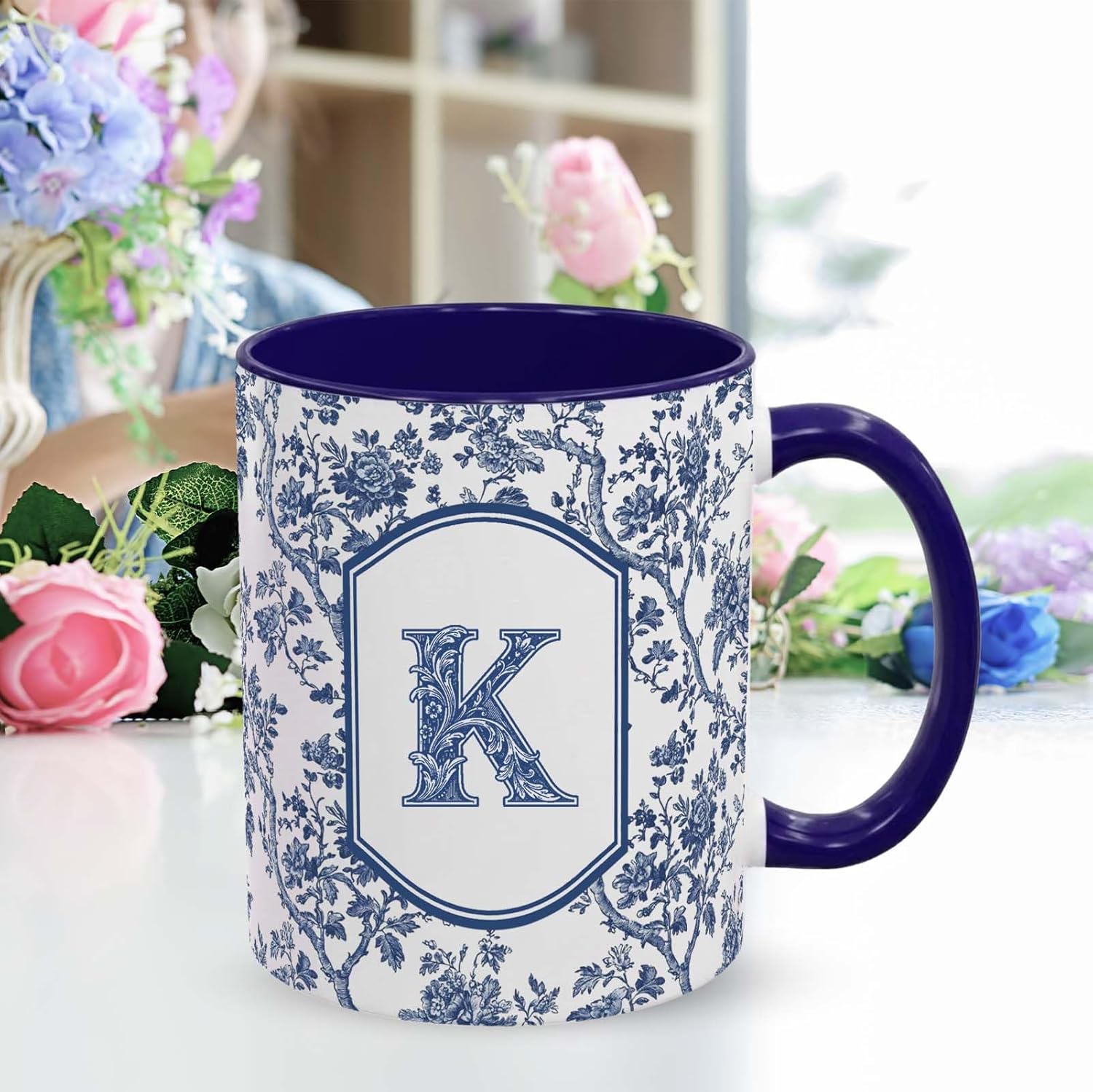 Blue Toile Letter K Mug, 11 oz French Floral Ceramic Coffee Cup Tea Cup with Initials, Personalized Birthday Gifts for Women Men Friend Friendship Unique Aesthetic Mug - Image 2