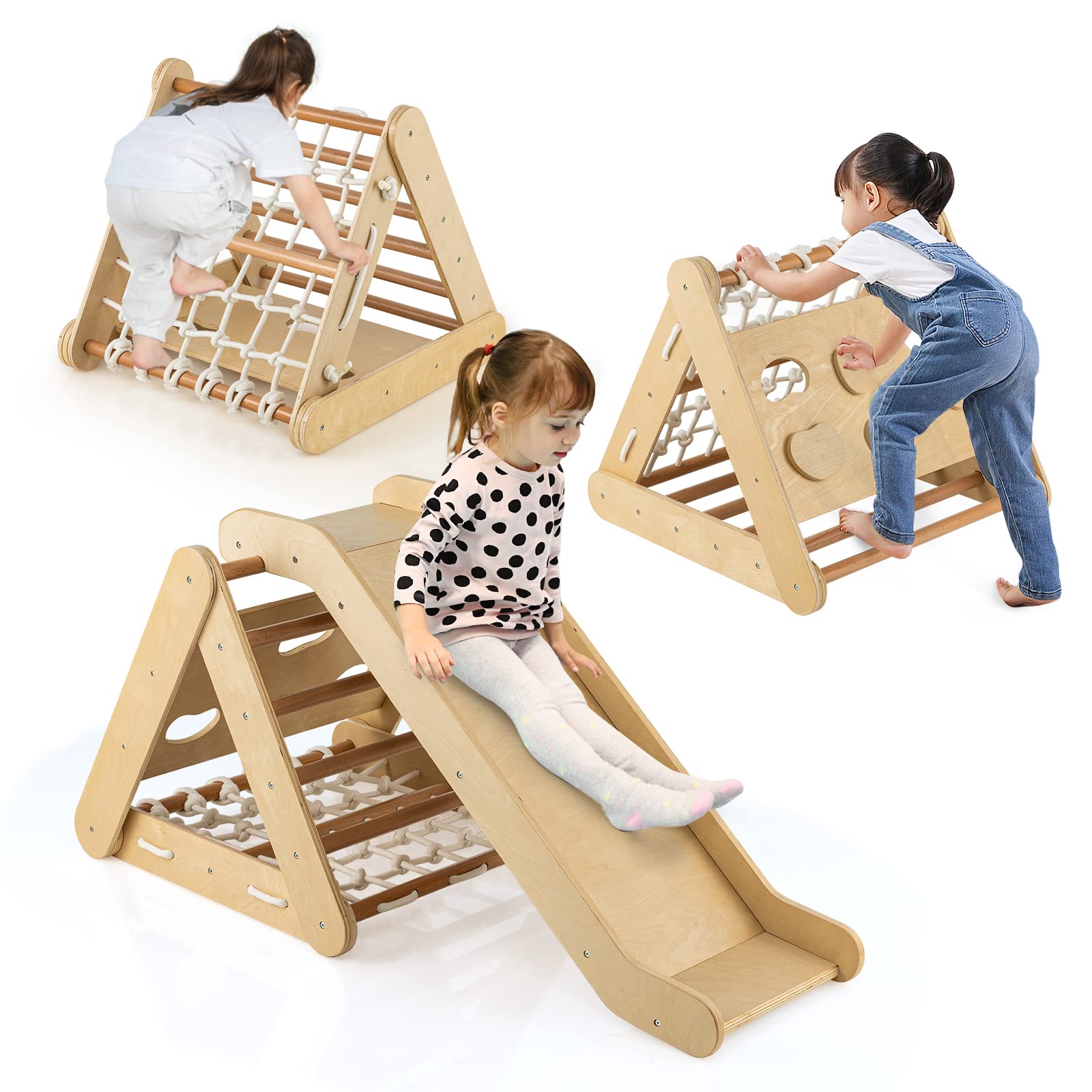 COSTWAY 4 en 1 Triángulo de Escalada para Niños, Escalador Triangular con Tablero Deslizante, Juego de Escalada de Madera para Interior con Red de Escalada para Hogar(Natural)