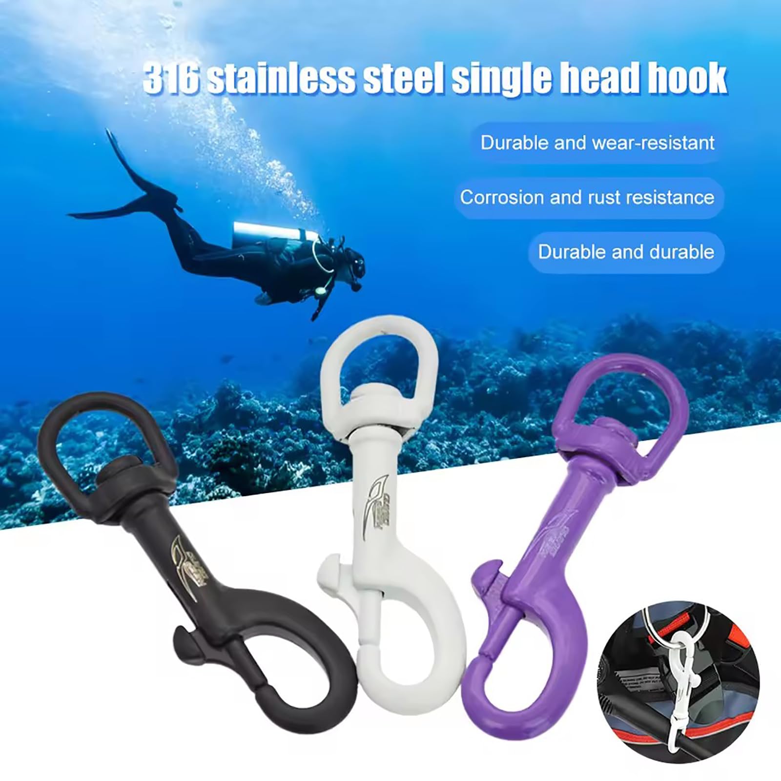 WYYHAA 5 Pcs Marine Grade Double Ended Snaps, Stainless Steel Swivel Eye Snap Hooks Scuba Diving Clips, Strong and Durable, for Scuba, Pet Leash, Keychain