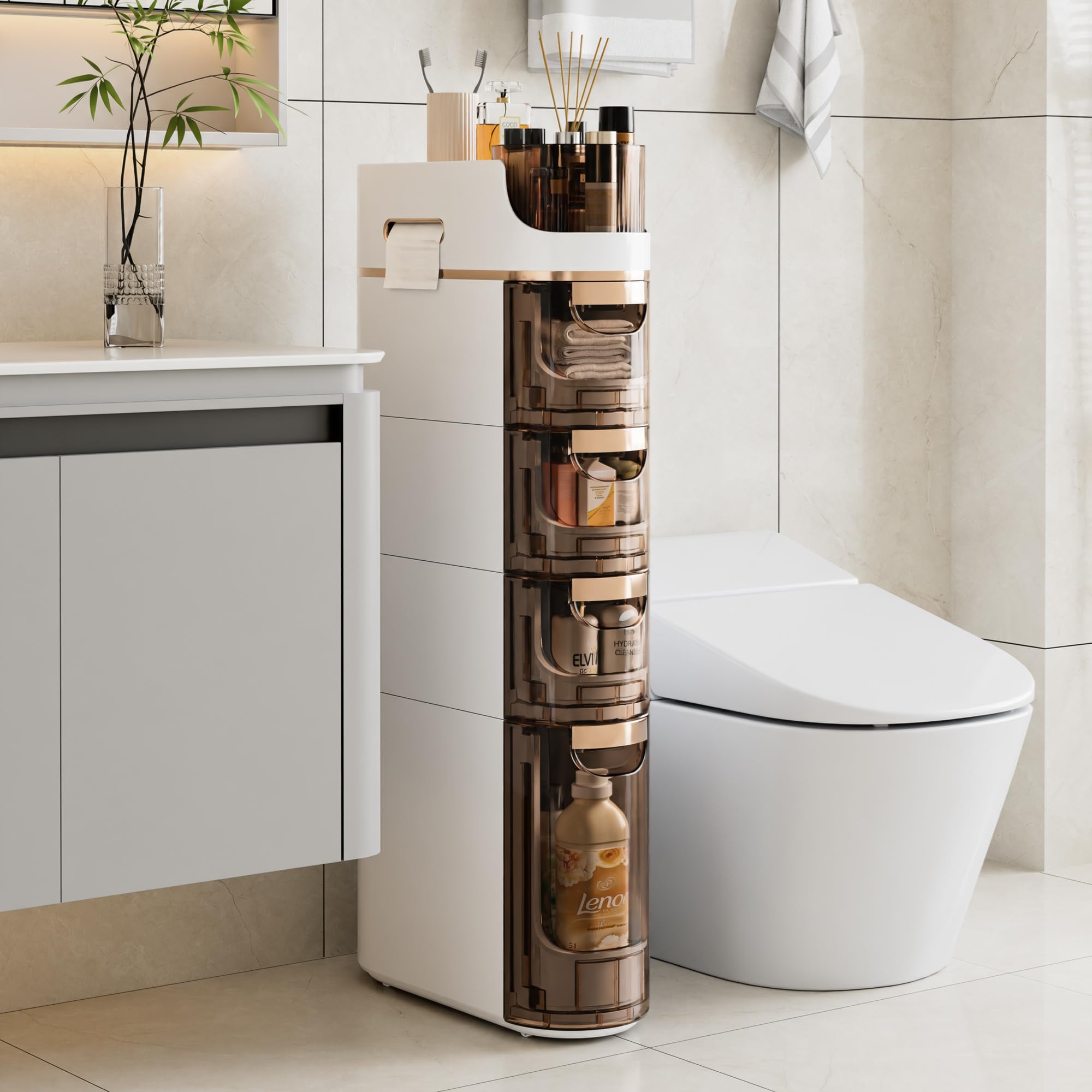 VECELO Slim Bathroom Storage Cabinet with Wheels, Narrow Floor Cabinet with 4 Drawers, Toilet Paper Holder, Waterproof Space-Saving Movable Plastic Gap Organiser, White