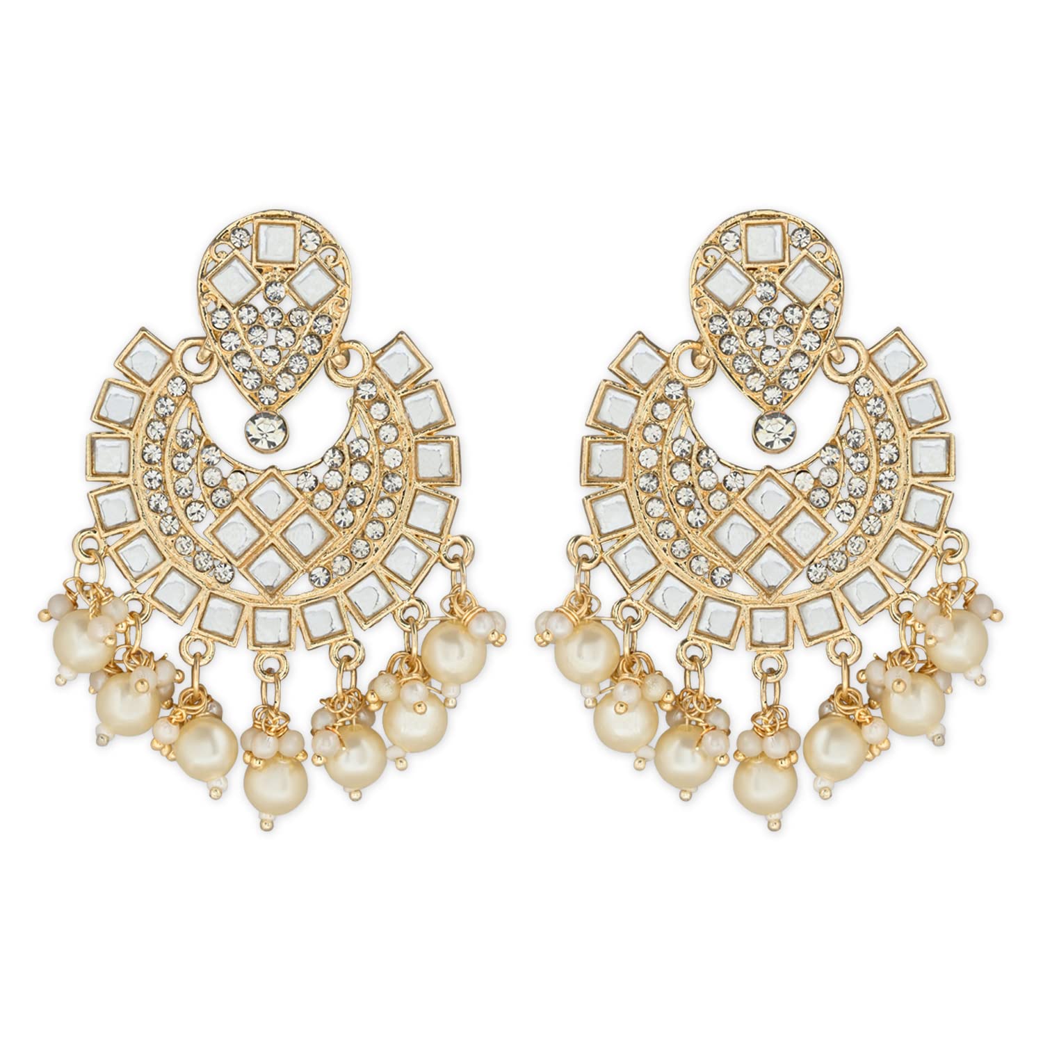 I Jewels18K Gold Plated Intricately Designed Indian Wedding Bollywood Chandbali Earrings Glided With Kundans & Pearls (E3076-77)