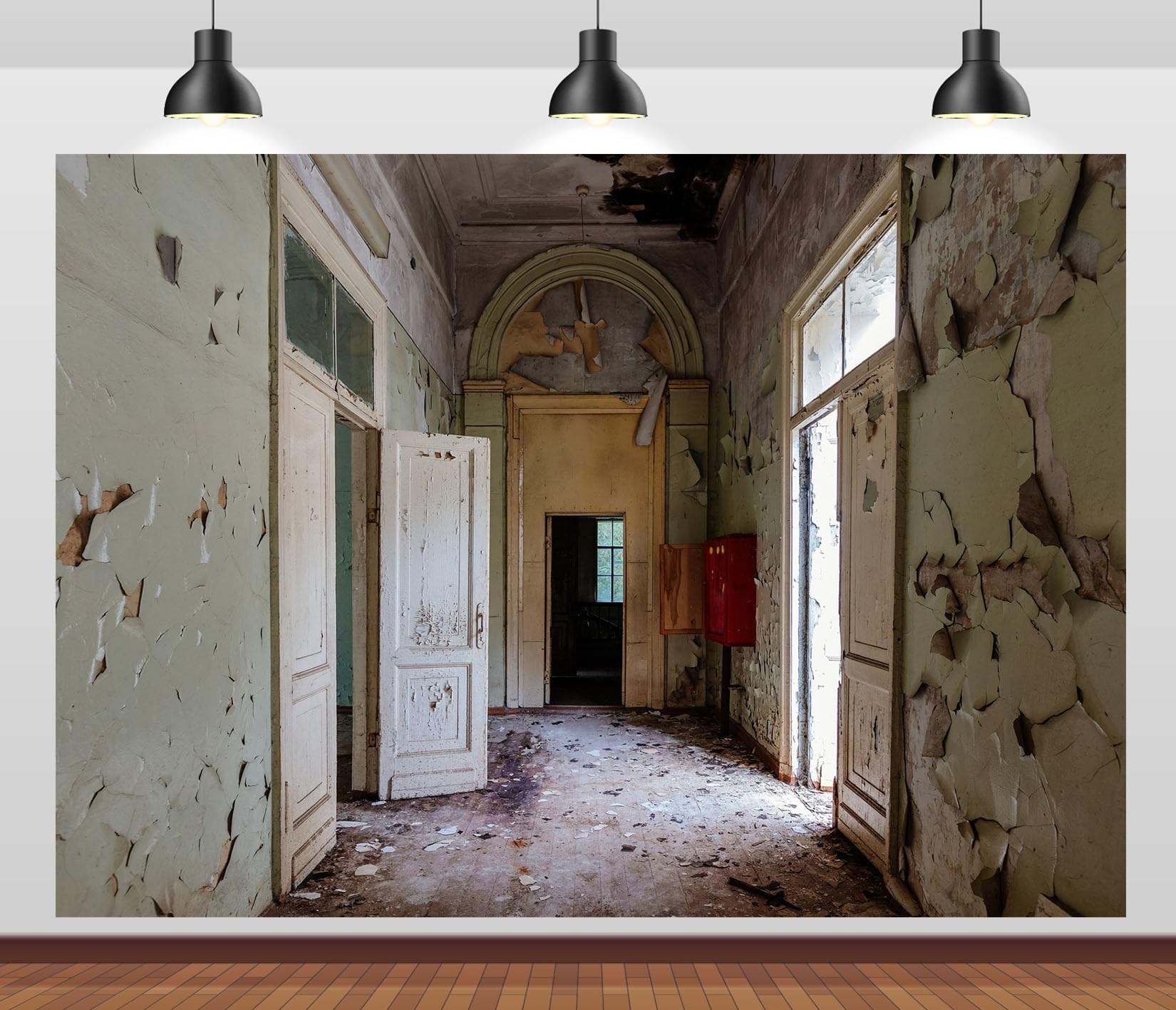 12x10FT (3.6x3m) Corridoio Diroccato Con Porte Aperte Sfondo Fotografico | Passaggio Istituzionale Usurato Fondale In Tessuto,Porte Aperte Cassetta Rossa,Per Eventi Infestati E Ritratti,Photo Booth