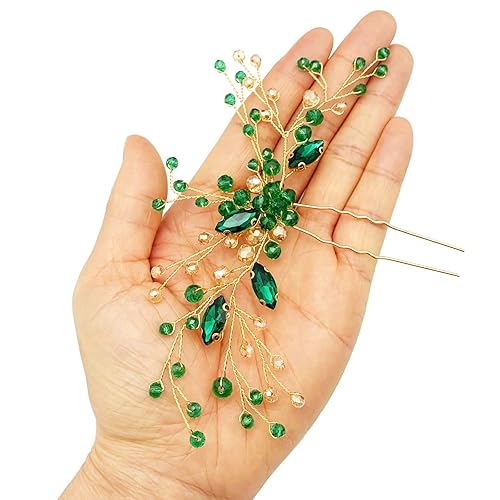 Miniatura 6 de BETITETO Horquilla de cristal para novia, color verde esmeralda, dorado, accesorios para el cabello, tocado elegante para banquete de boda, fiesta