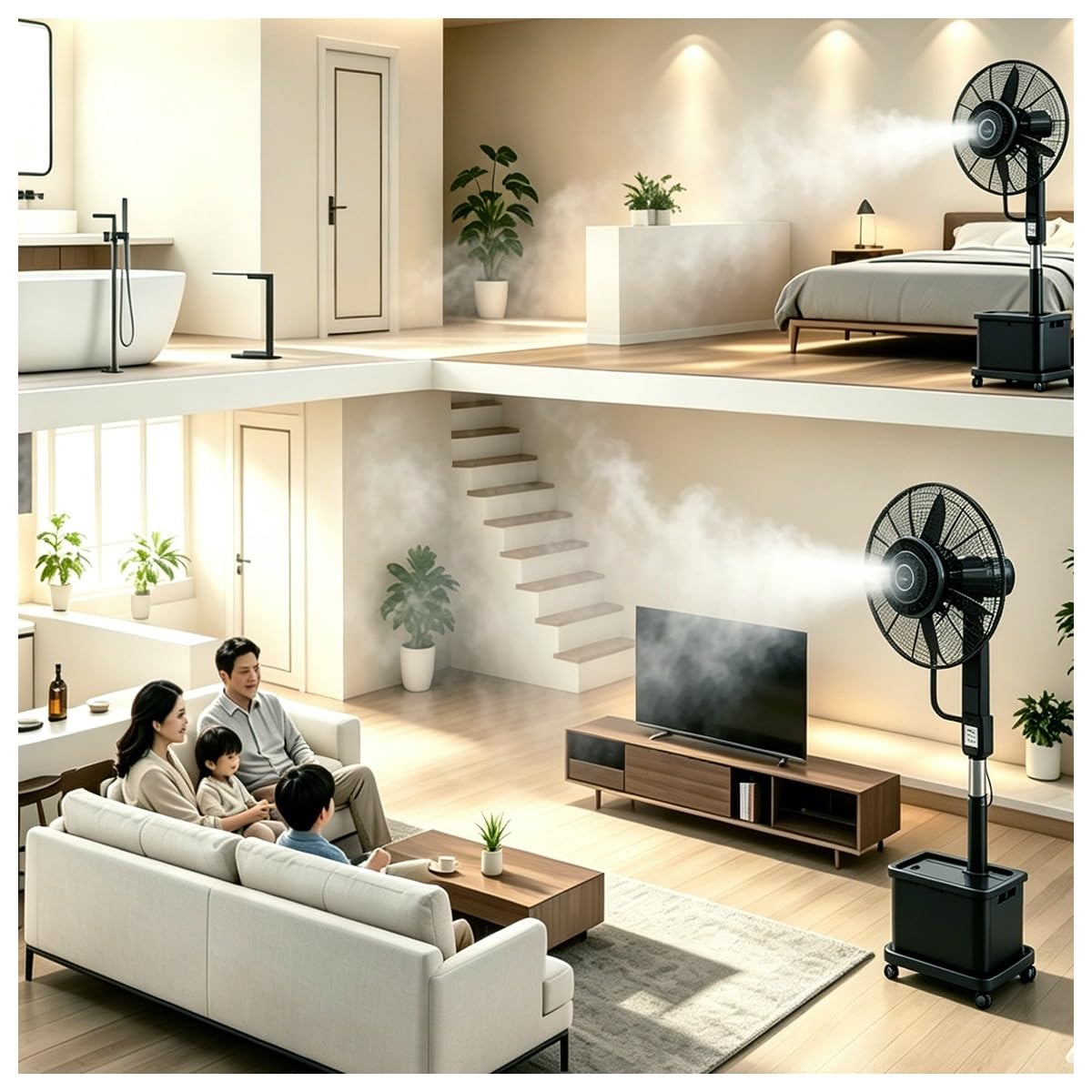 Ventilatore nebulizzante for esterni con grande serbatoio dell'acqua da 42 litri, design mobile su 4 ruote