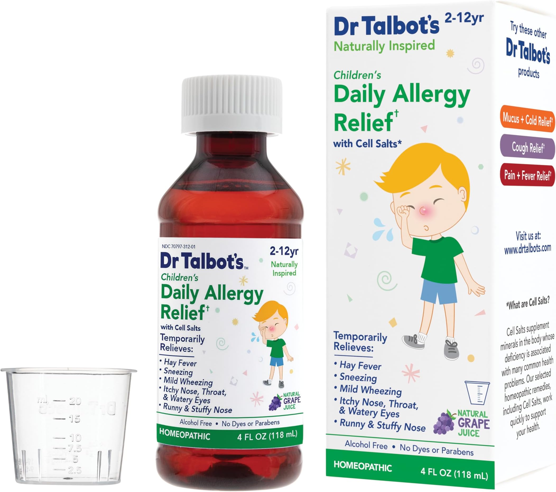 Dr. Talbot's Children's Allergy Relief Medicine - 4 oz - Includes Dosage Cup - for 2-12 Years Old - Natural Grape Flavor (Packaging Varies)